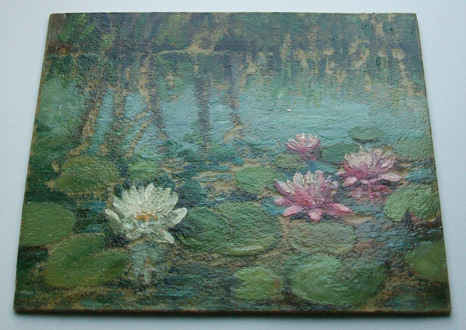 Impressionist Water Lilies Painting on Panel, Unsigned, Unframed, Mid-20th C For Sale 3