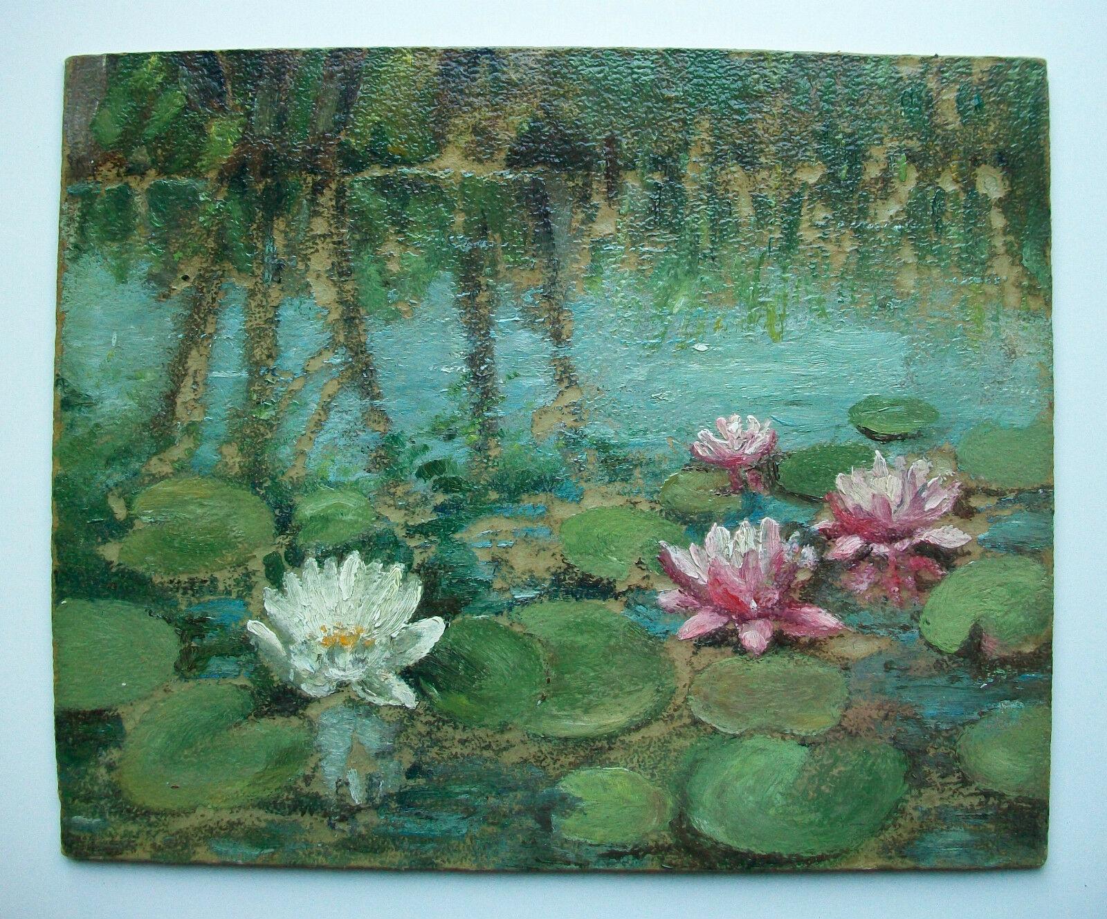 Impressionist Water Lilies Painting on Panel, Unsigned, Unframed, Mid-20th C For Sale 4