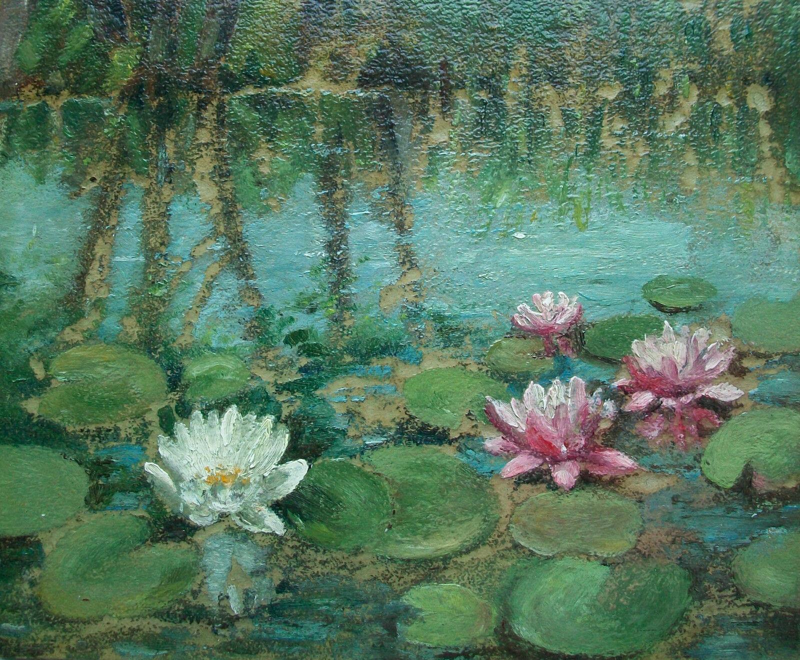 Impressionist style Water Lilies oil painting on un-primed pressed paper panel - gloss varnish - unsigned - unframed - mid-20th century.

Good vintage condition - minor loss - no restoration - minor scuffs - heavy gloss varnish - signs of age and