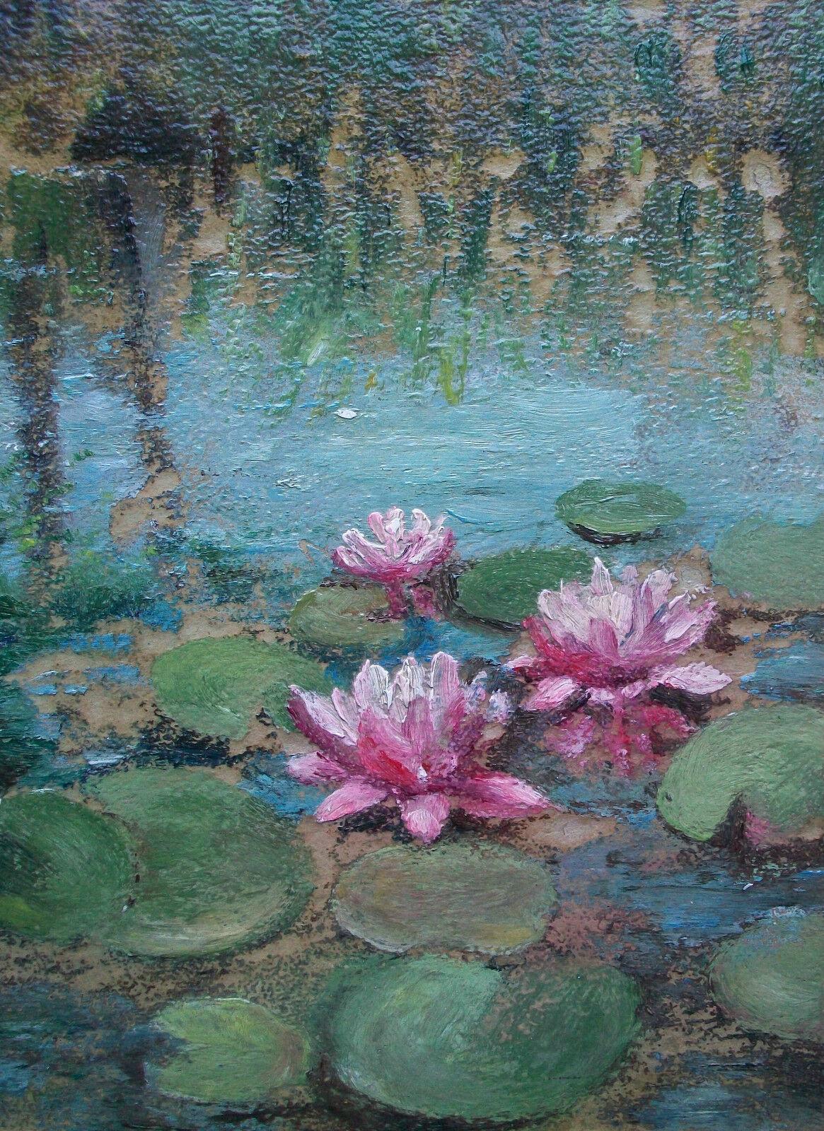 Romantic Impressionist Water Lilies Painting on Panel, Unsigned, Unframed, Mid-20th C For Sale