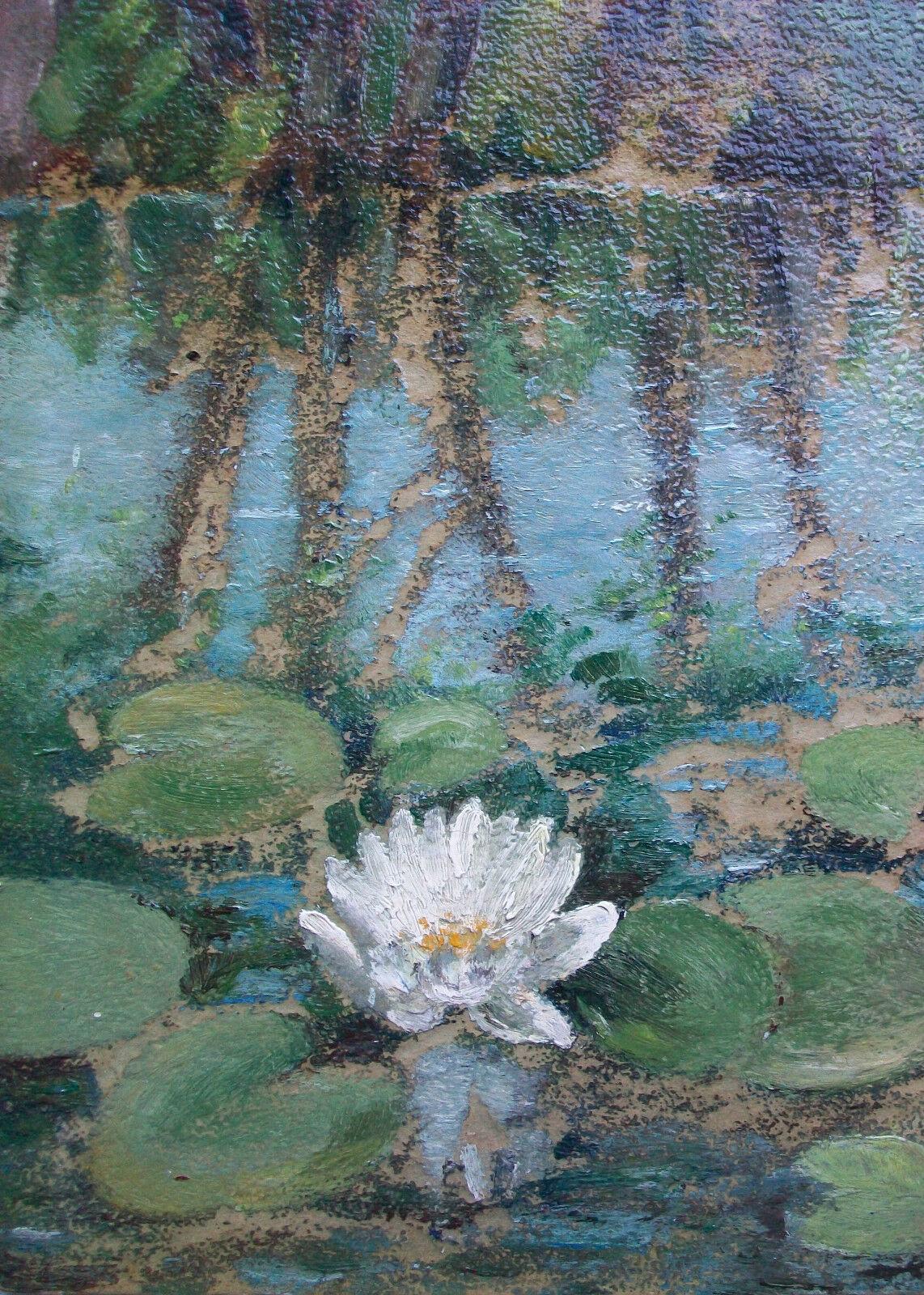 Unknown Impressionist Water Lilies Painting on Panel, Unsigned, Unframed, Mid-20th C For Sale