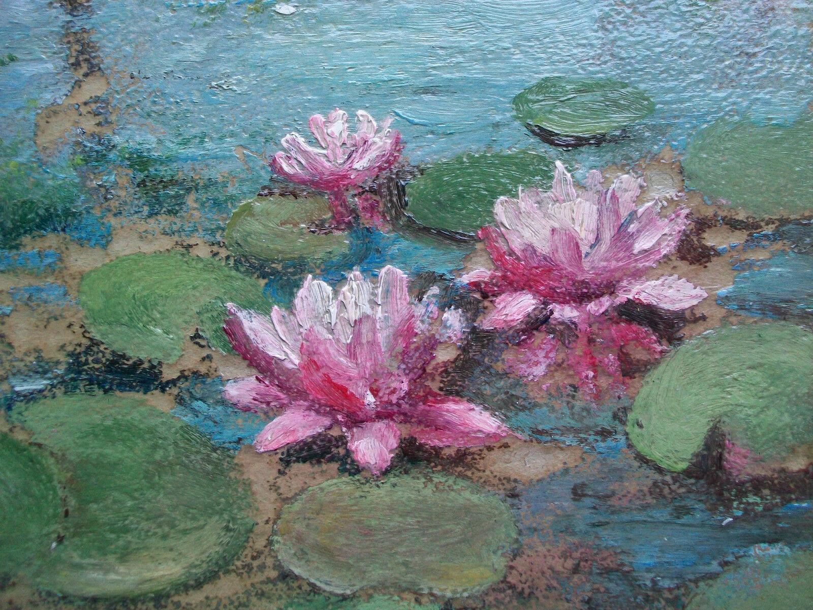 Hand-Painted Impressionist Water Lilies Painting on Panel, Unsigned, Unframed, Mid-20th C For Sale