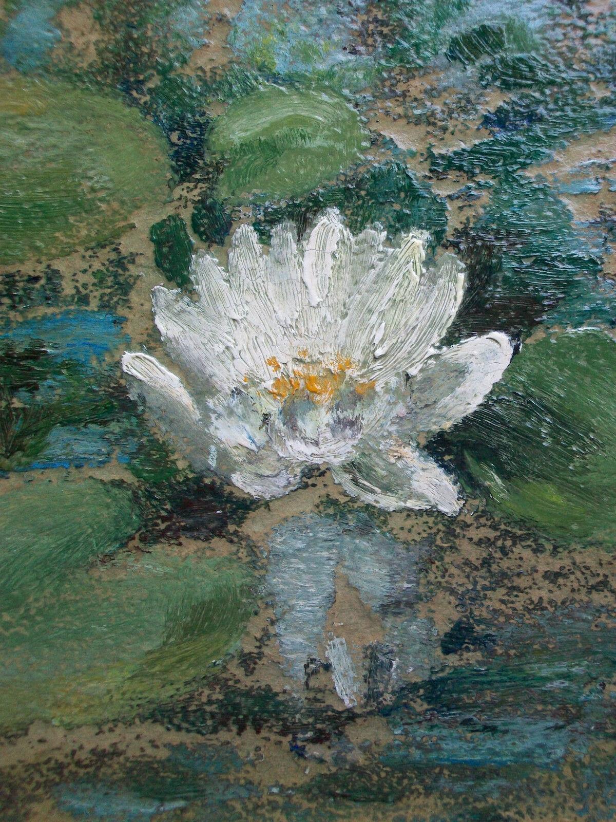 Impressionist Water Lilies Painting on Panel, Unsigned, Unframed, Mid-20th C In Good Condition For Sale In Chatham, ON