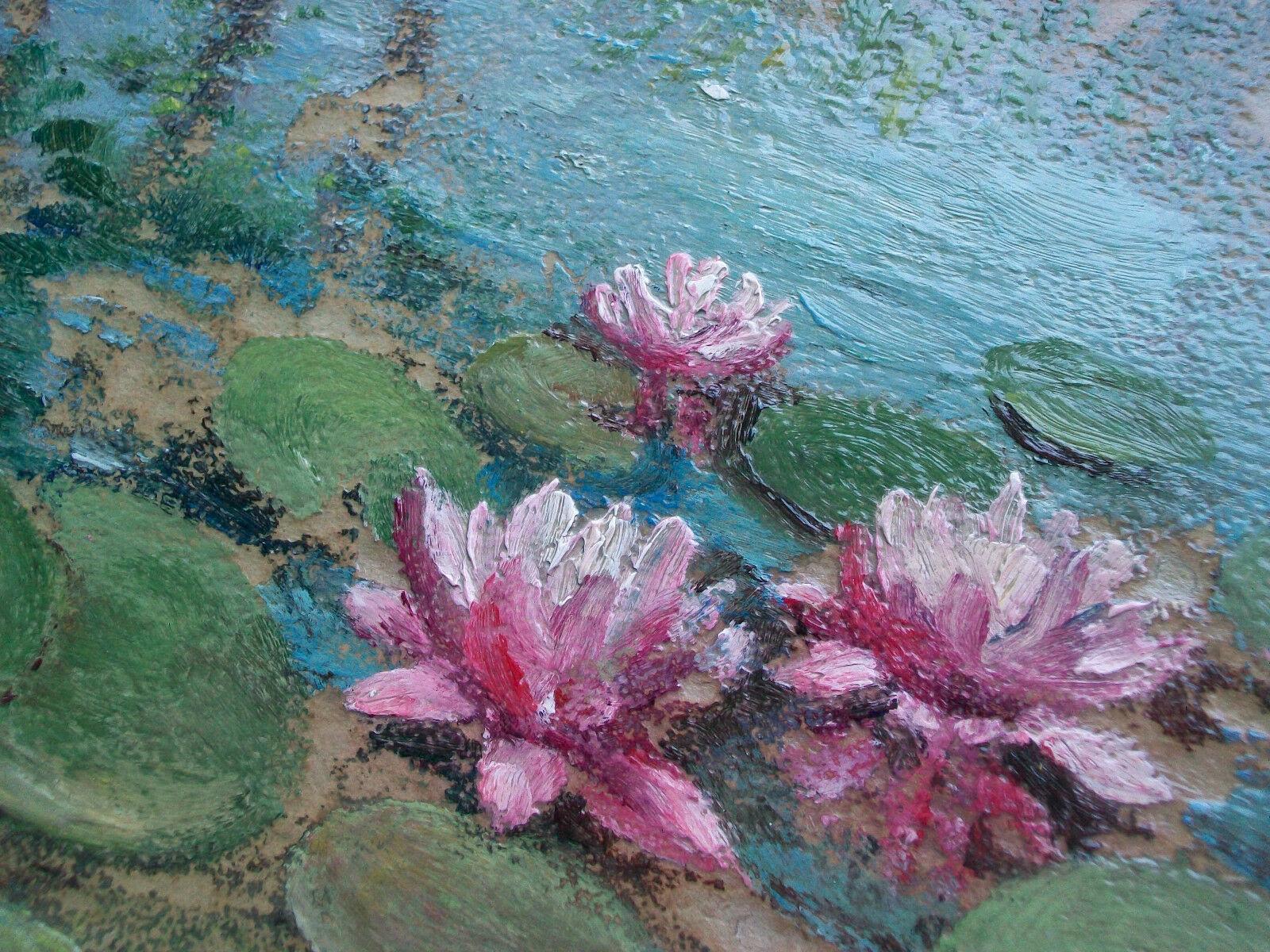 20th Century Impressionist Water Lilies Painting on Panel, Unsigned, Unframed, Mid-20th C For Sale