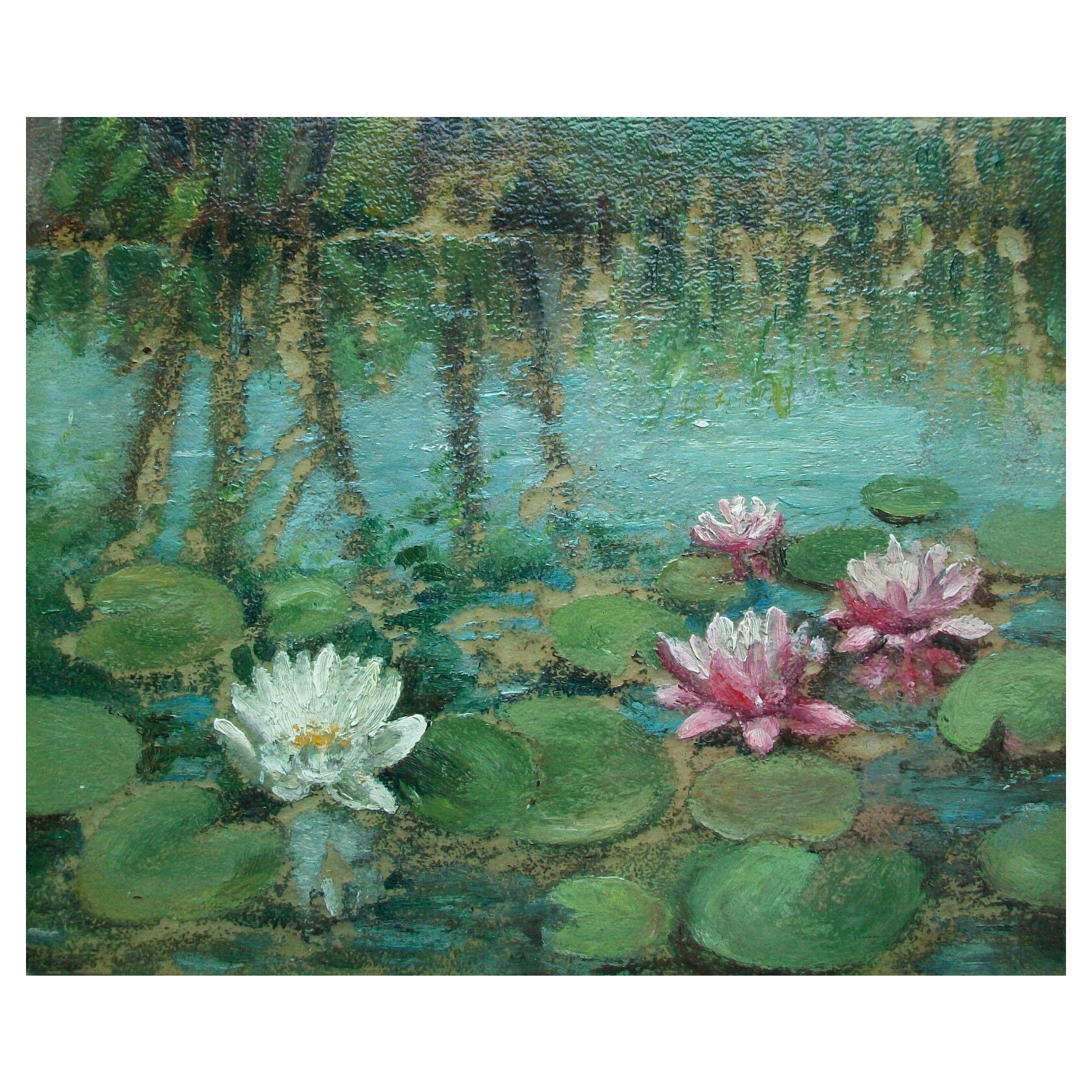 Quadro impressionista di ninfee su pannello, non firmato, senza cornice, metà del XX secolo