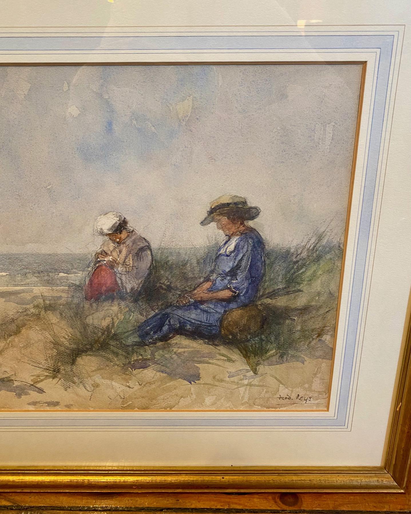Aquarelle impressionniste Scène de rivage par Ferdinand Leys (Belge : 1873 -1960), circa 1920, une aquarelle originale sur papier peinte à la main vue impressionniste de deux figures féminines assises dans une dune de sable, avec l'océan calme