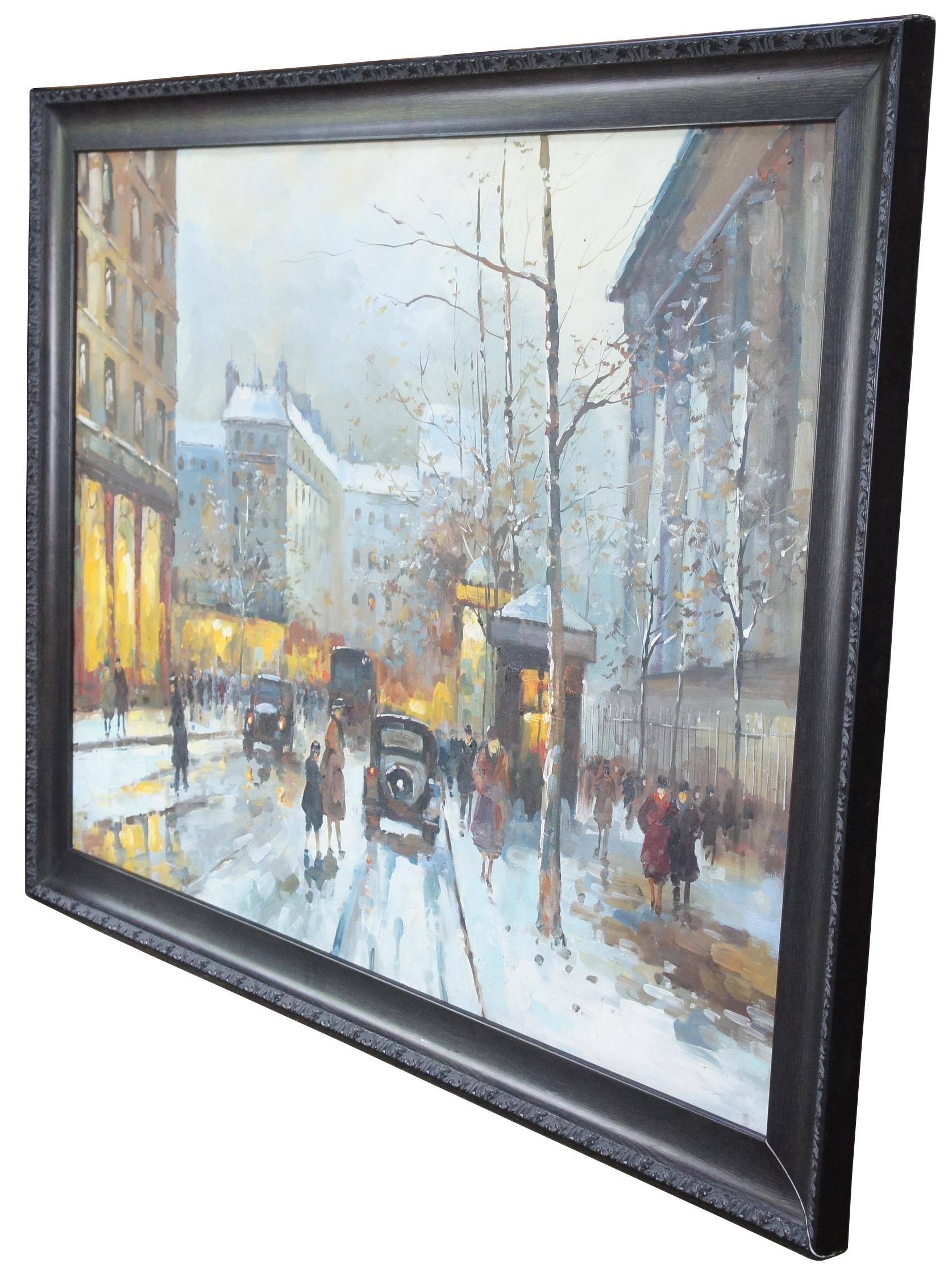 20th century impressionist cityscape, oil painting on canvas. Features a snowy evening in paris with people and cars amongst the architectural backdrop.

sans 47