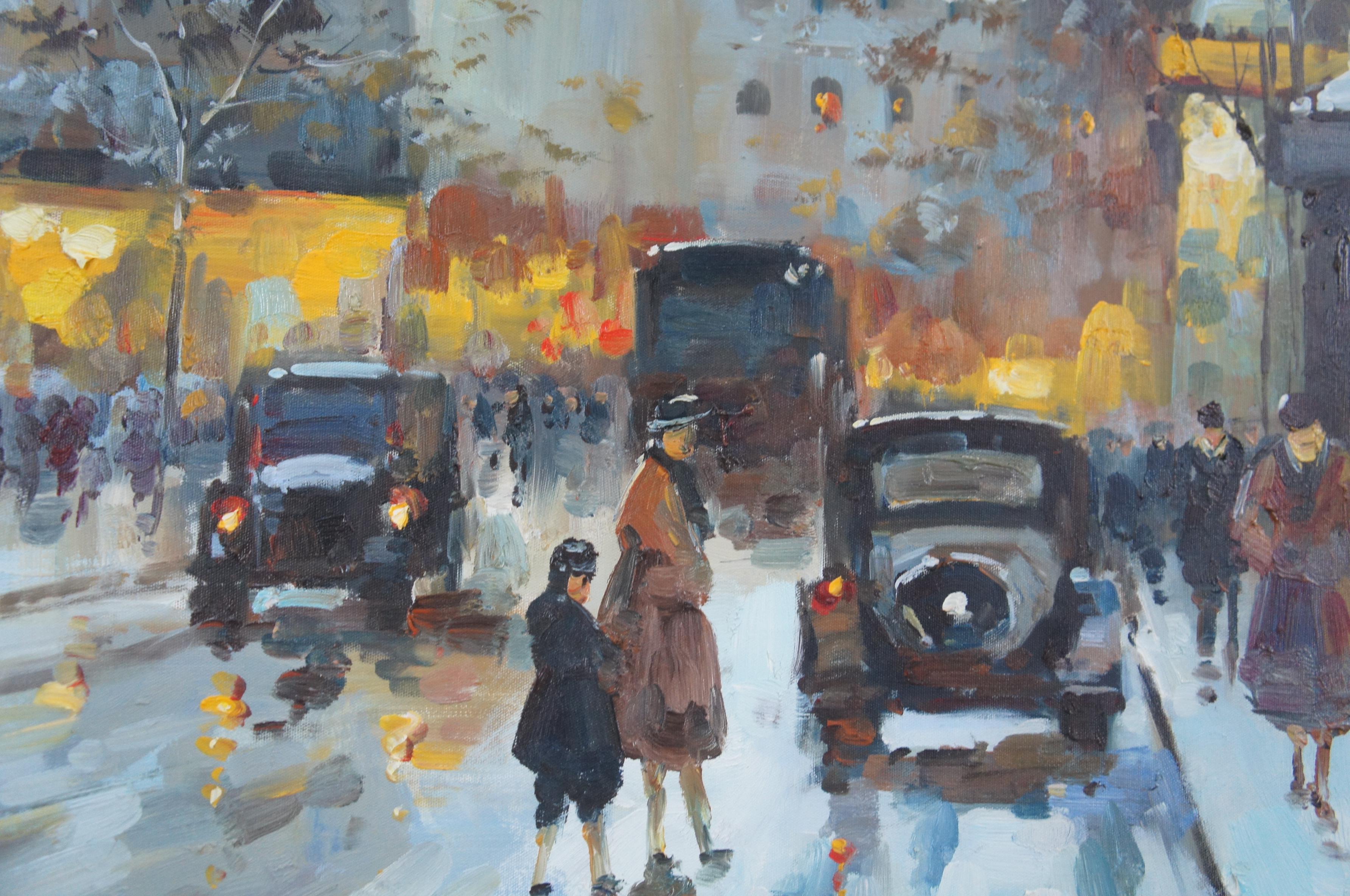 Impressionist Winter Cityscape Paris Street Scene Oil Painting on Canvas In Good Condition In Dayton, OH