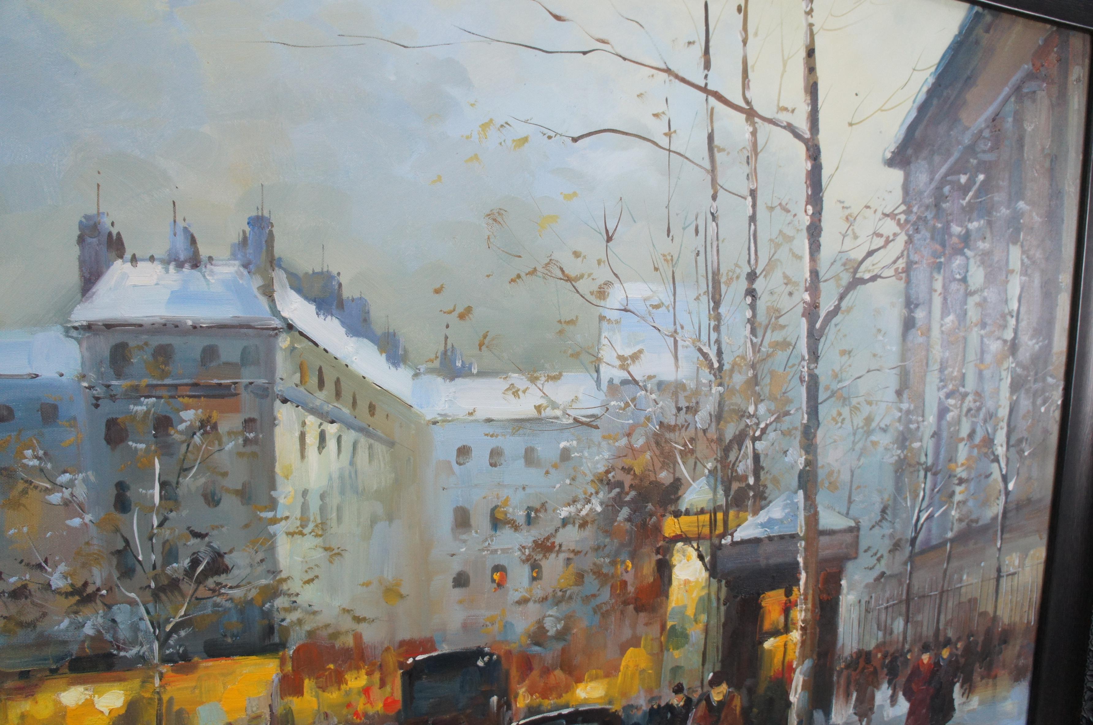 20th Century Impressionist Winter Cityscape Paris Street Scene Oil Painting on Canvas