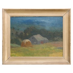 Impressionistic Landscape Pastoral Village Farm Scene Oil on Board Painting 1910