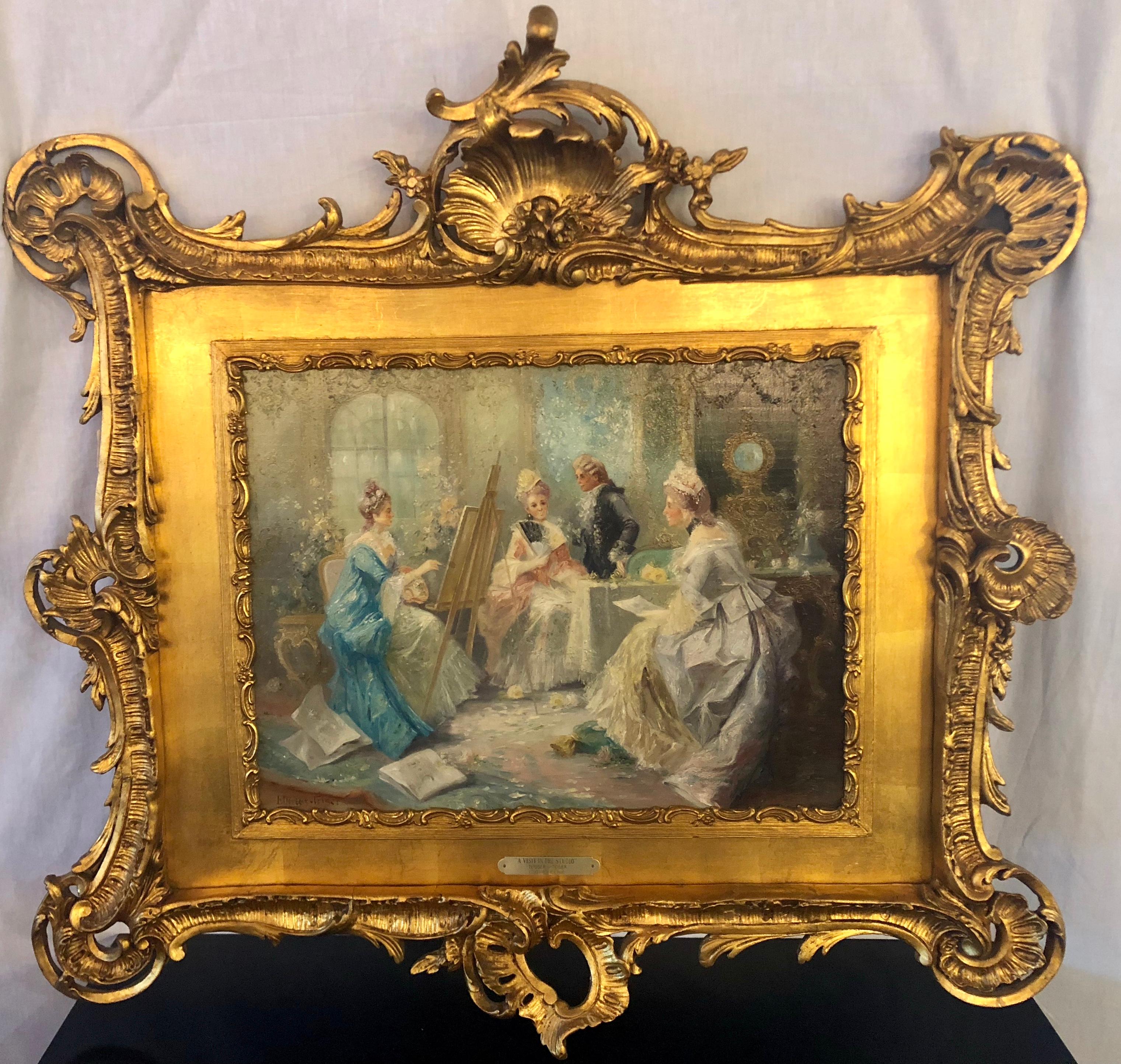 19th Century Impressionistic Oil on Board Signed E Dorie Teisier Titled a Visit in the Studio