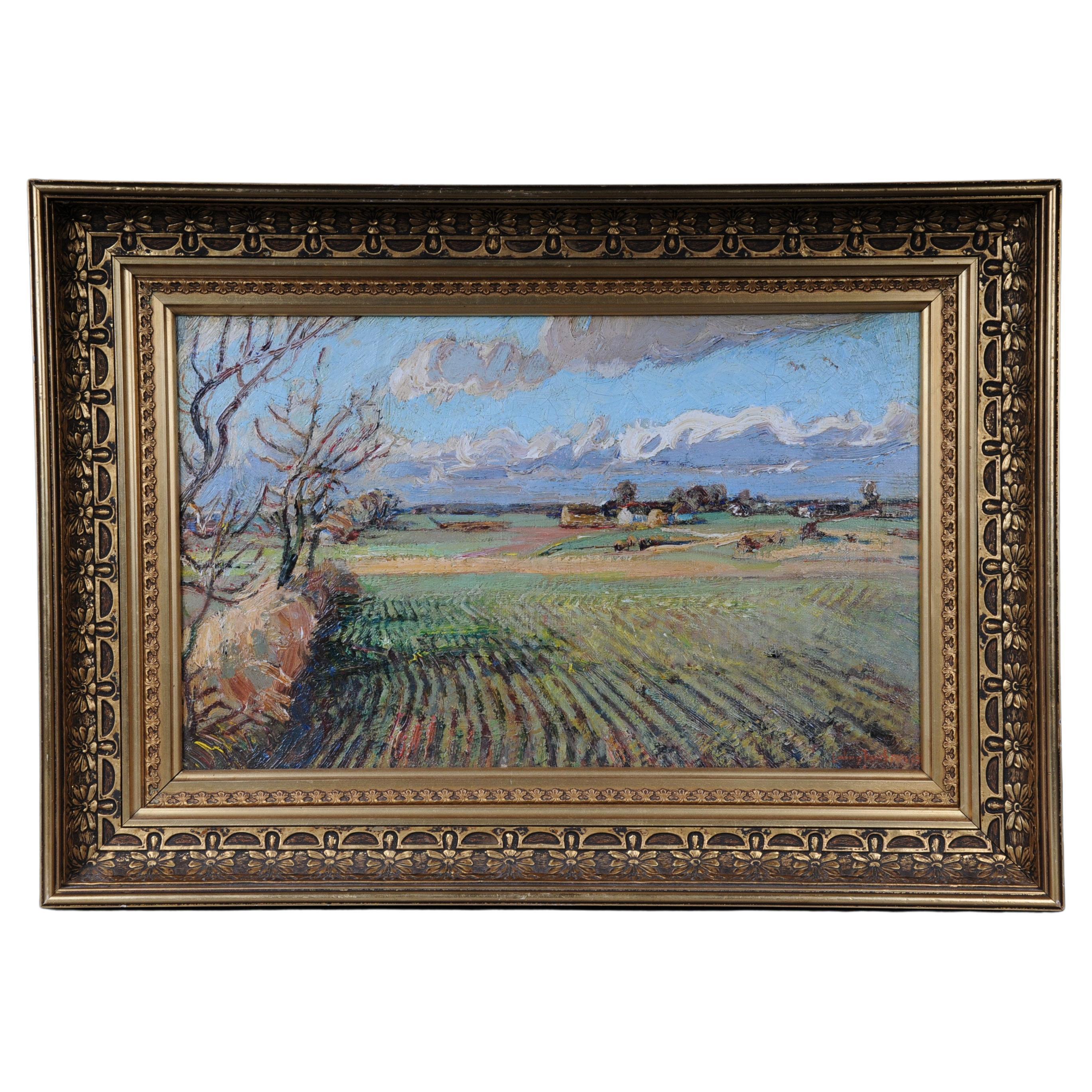 Impressionistic Oil Painting Idyllic Autumn Landscape Signed, 20th Century