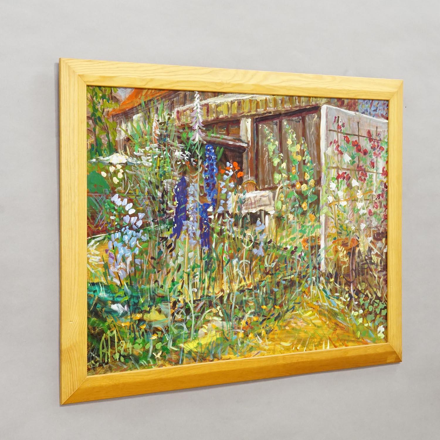 Peinture à l'huile impressionniste d'un paysage de jardin, Alexander Michael 1994

Une peinture à l'huile encadrée représentant une scène de jardin luxuriante et vibrante remplie de verdure et de fleurs épanouies dans de multiples couleurs. La scène