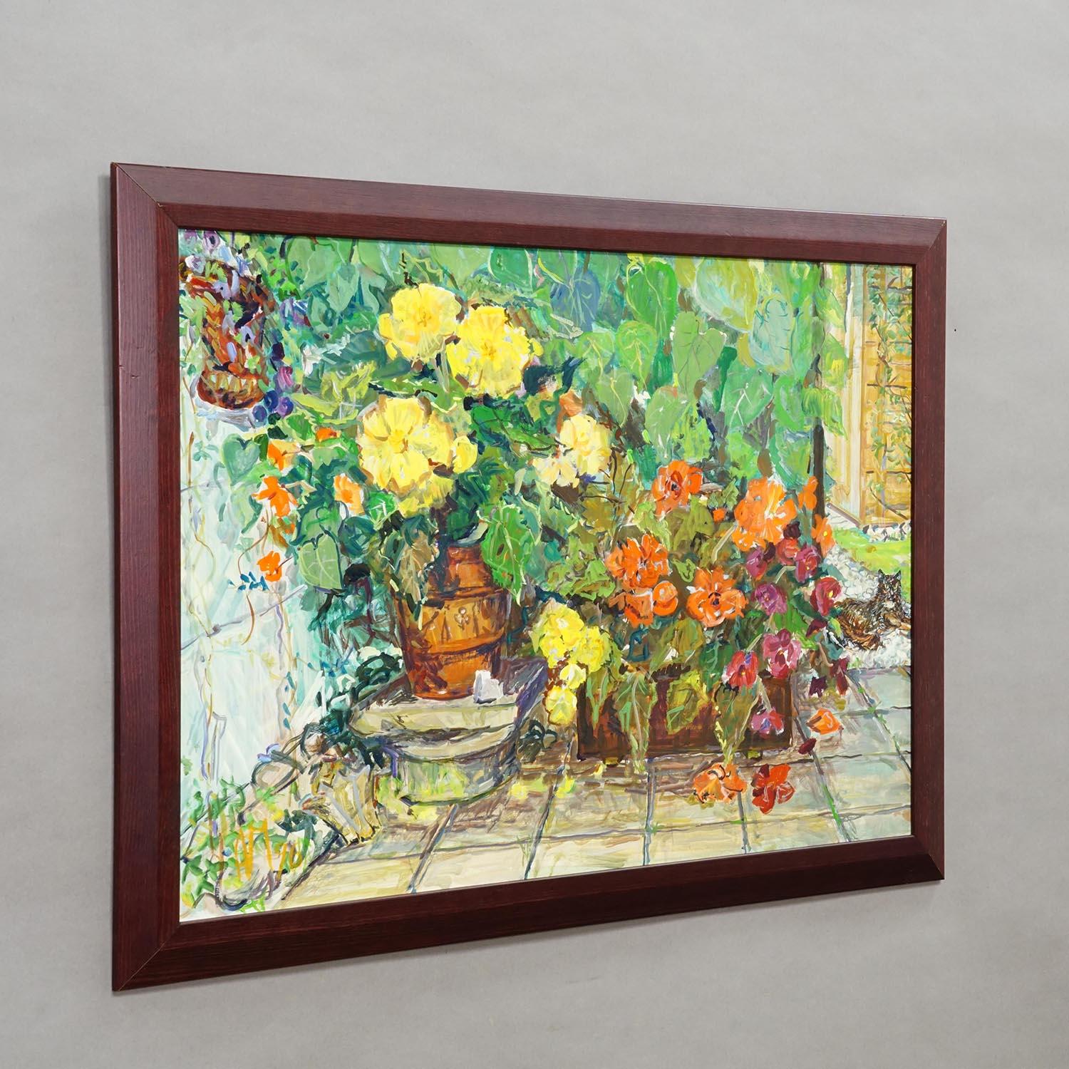 Peinture à l'huile impressionniste d'un paysage de jardin, Alexander Michael 1996

Une peinture à l'huile encadrée représentant une scène de jardin luxuriante et vibrante remplie de verdure et de bégonias en fleurs rouges et jaunes. La scène est