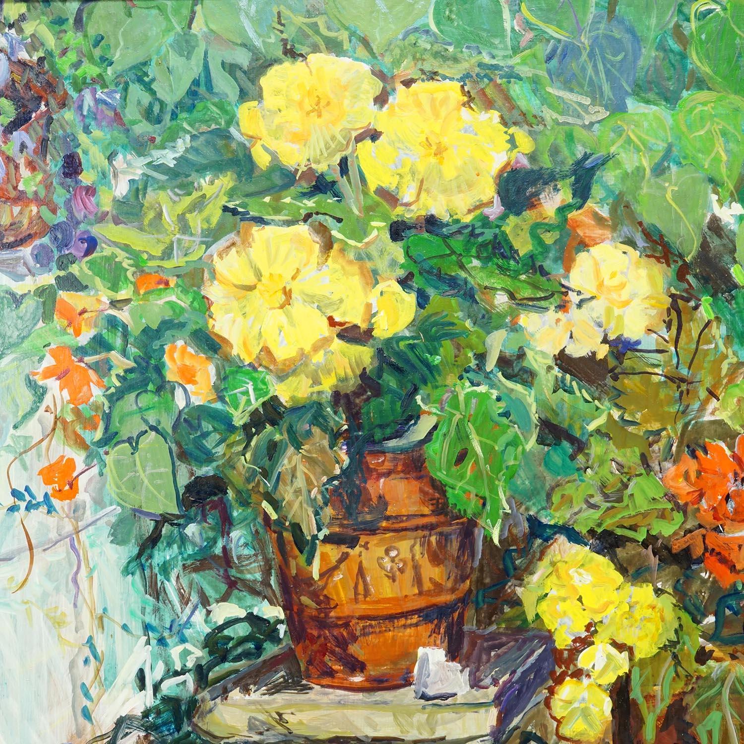 Peinture à l'huile impressionniste d'un paysage de jardin, Alexander Michael 1996 Bon état - En vente à Berghuelen, DE