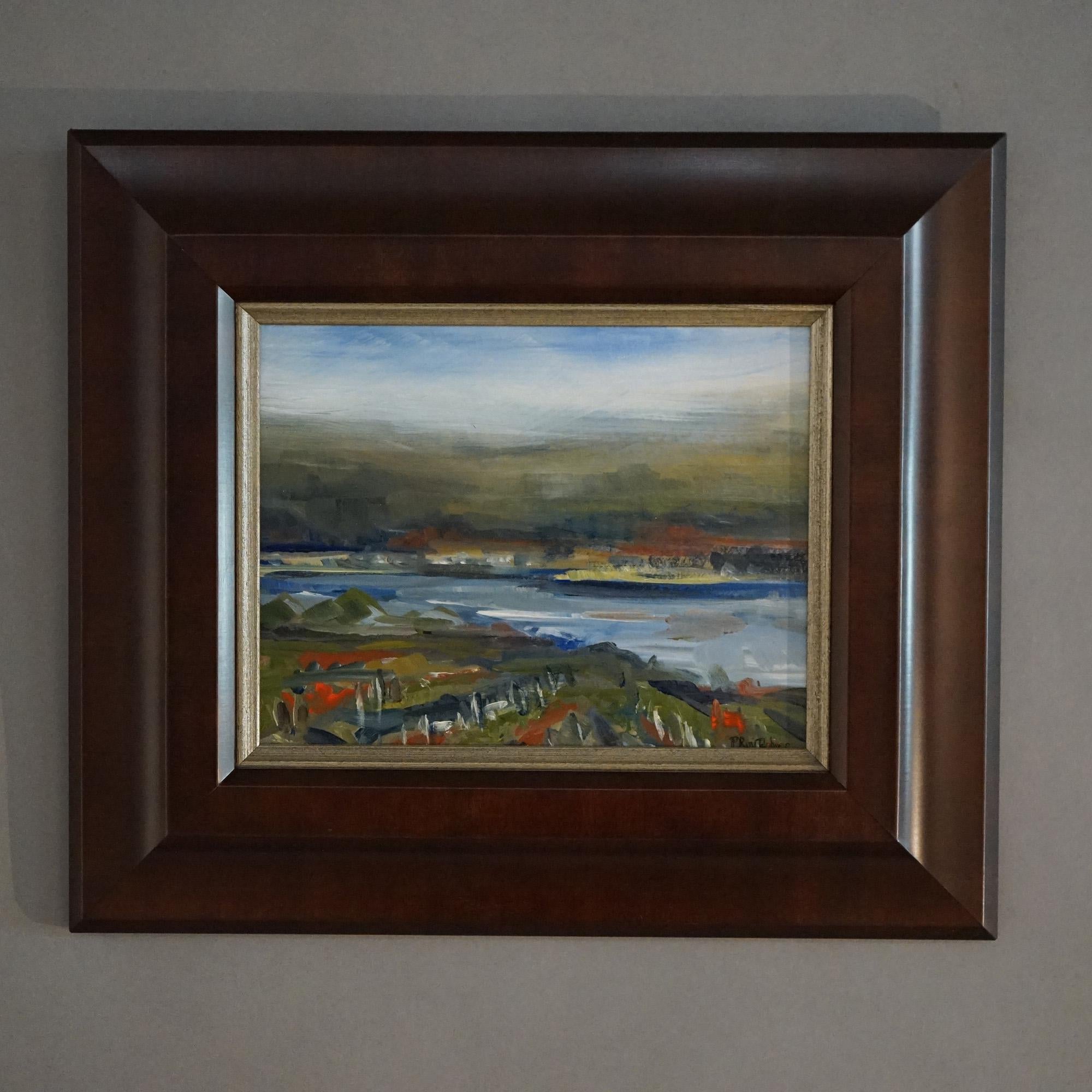 Hand-Painted Impressionistic Painting Landscape Of Finger Lakes & Vineyard by PR Rohrer 20thC
