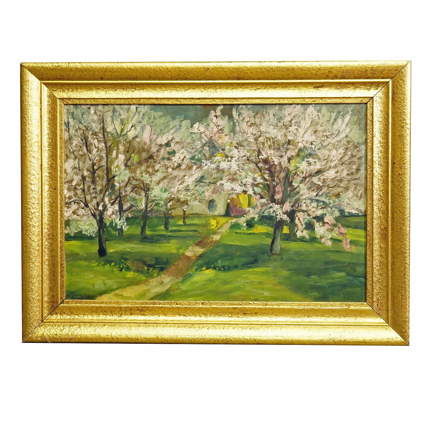 Impressionistisches Gemälde eines Gartens mit blühenden Apfelbäumen

Ein farbenfrohes impressionistisches Ölgemälde, das einen Garten mit blühenden Apfelbäumen darstellt. Ölgemälde auf Karton mit kräftigen Pastellfarben. Gerahmt mit antikem
