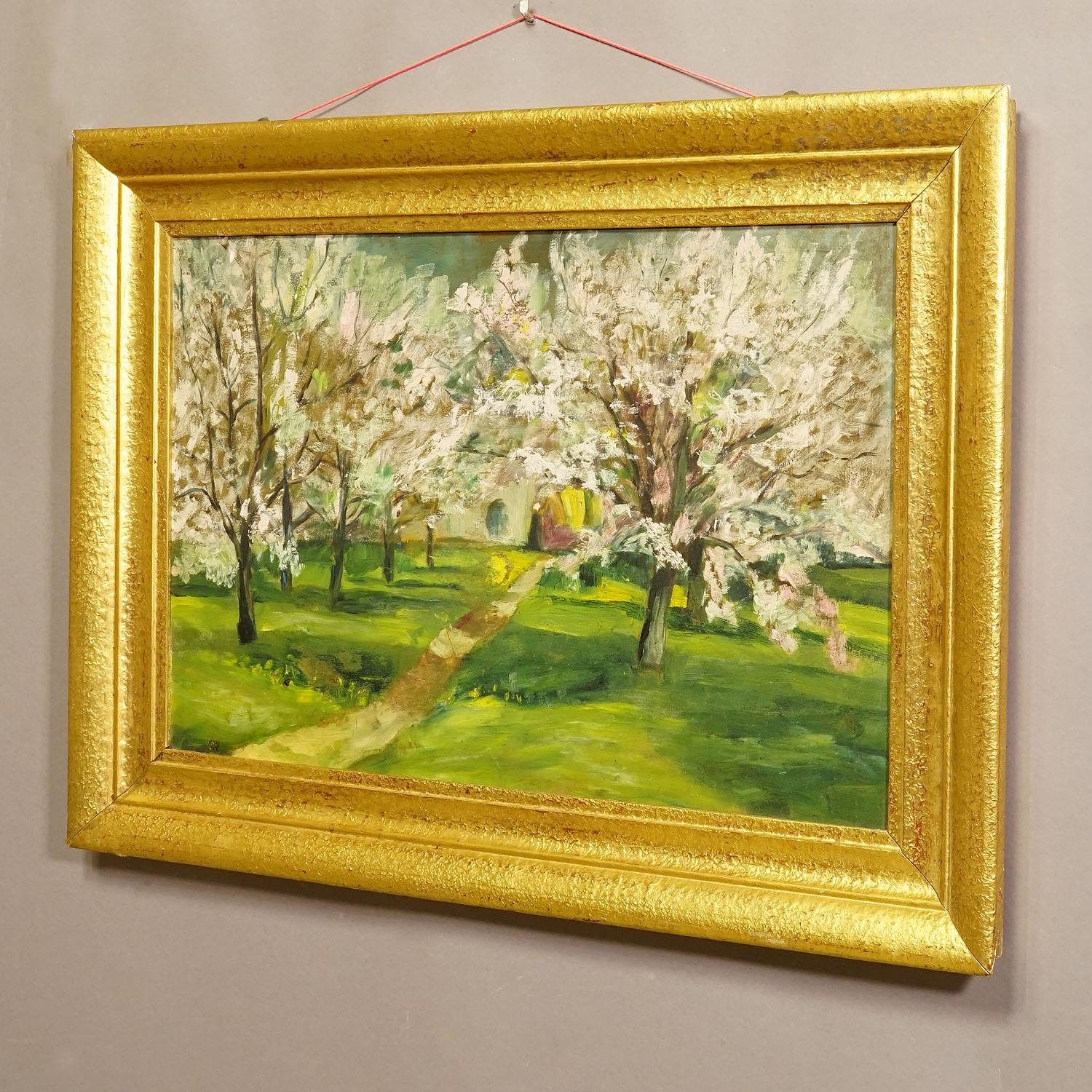 Impressionistisches Gemälde eines Gartens mit blühenden Apfelbäumen (Biedermeier) im Angebot