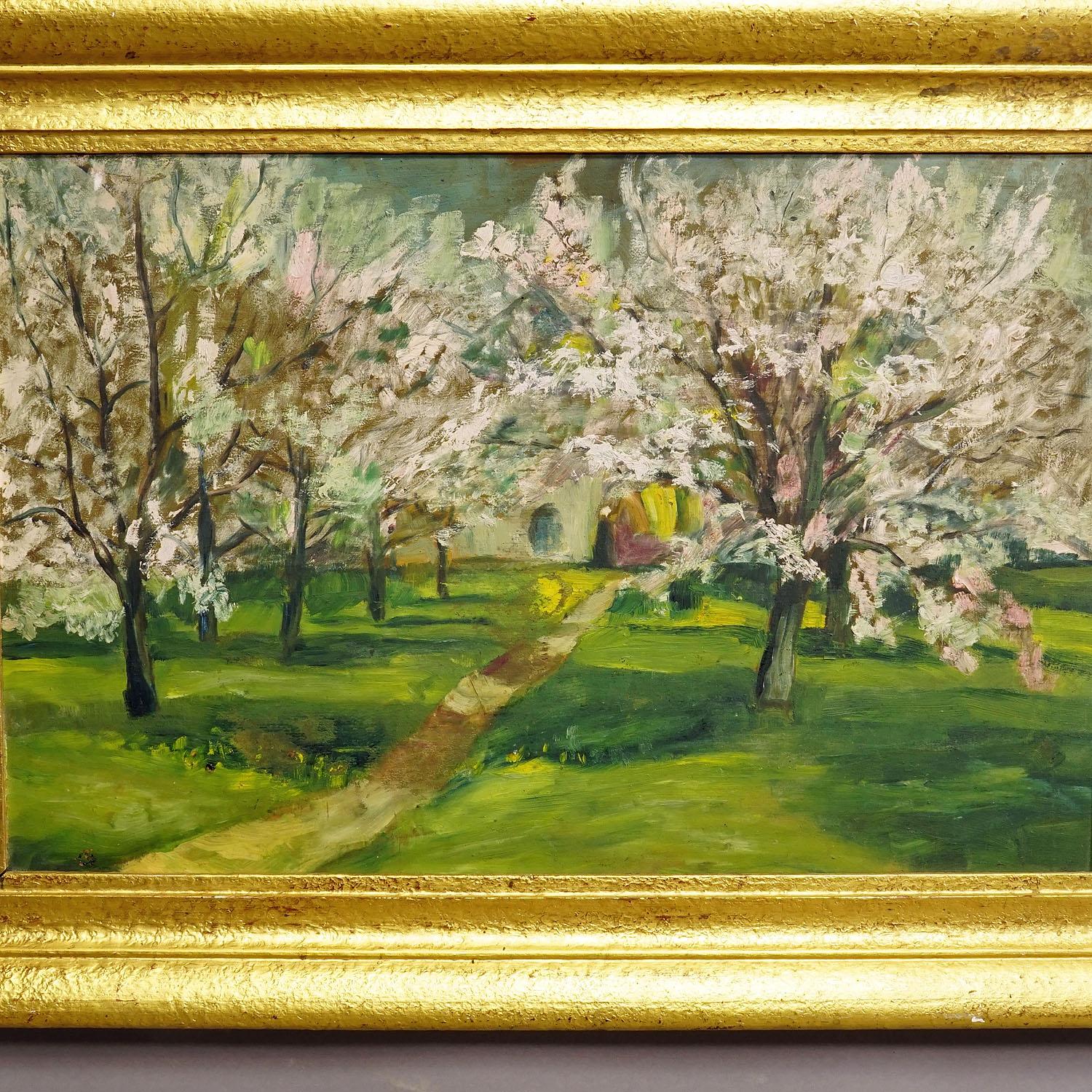 German Impressionistic Painting of a Garden with Blossoming Apple Trees For Sale