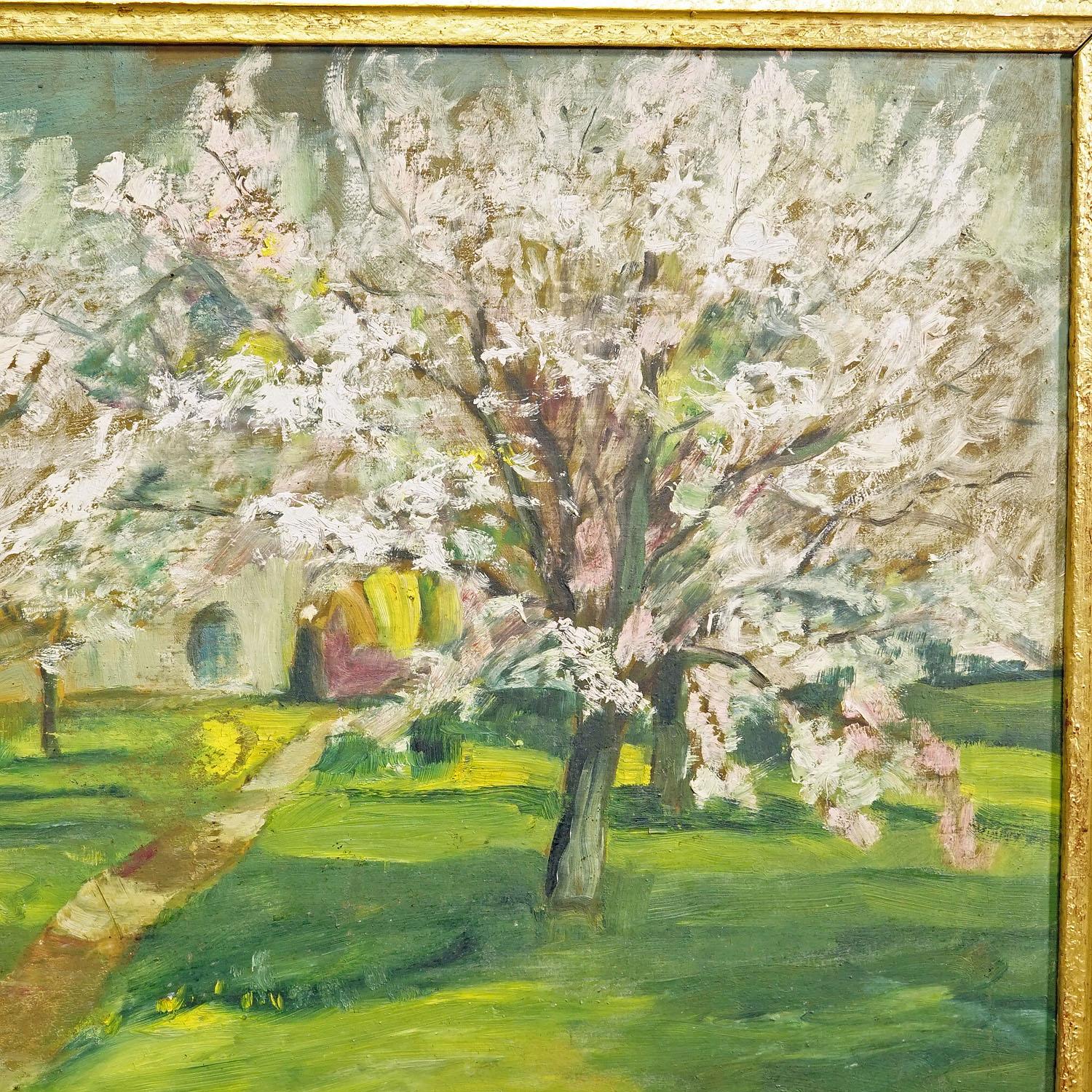 Impressionistisches Gemälde eines Gartens mit blühenden Apfelbäumen (Gemalt) im Angebot
