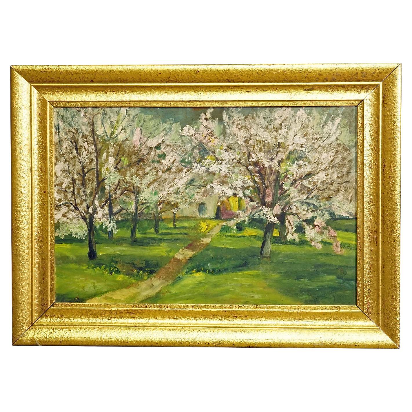 Peinture impressionniste d'un jardin avec des pommiers en fleurs