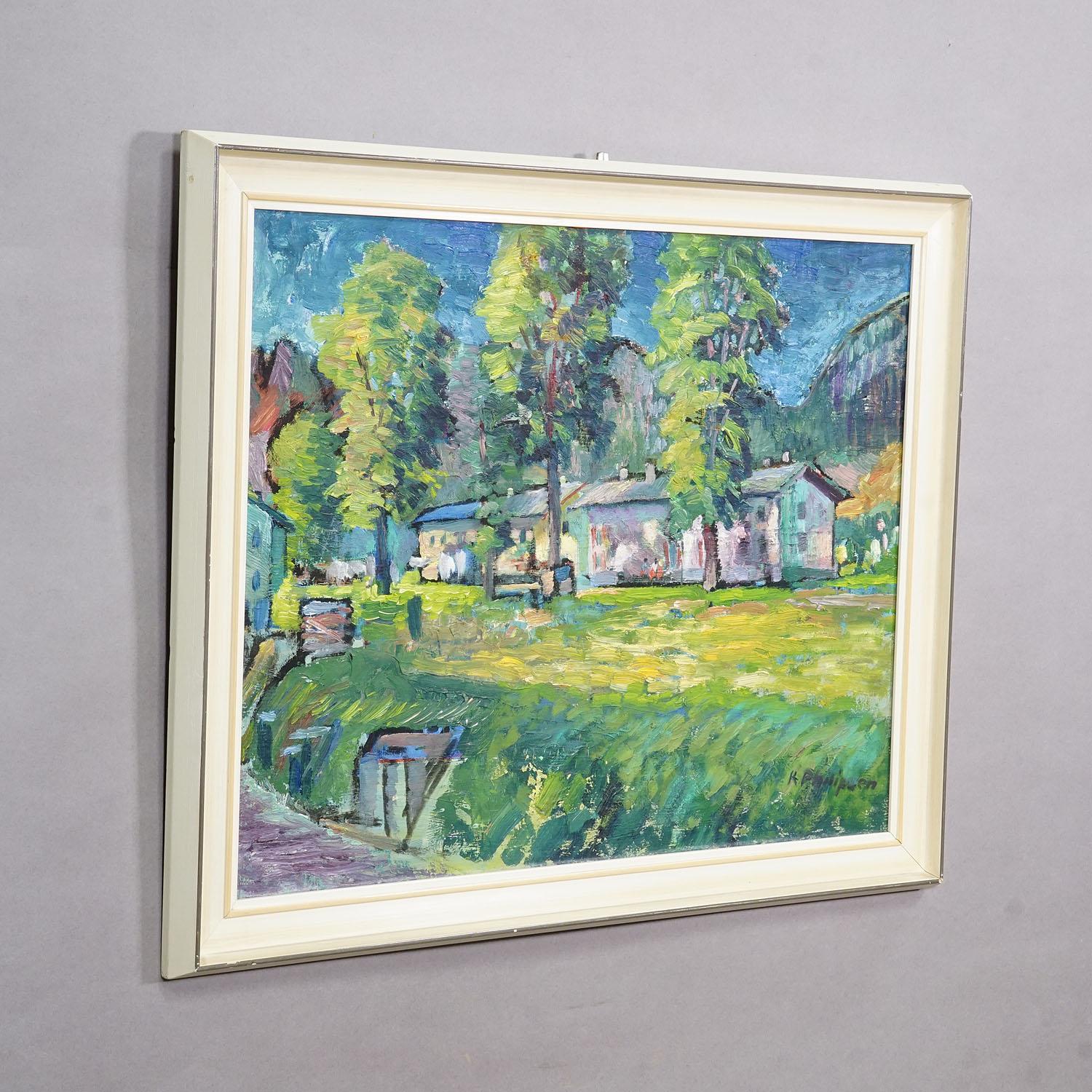Impressionistic Painting of a Garden with Buildings in the Background

A colorful, impressionist oil painting depicting a lush green landscape with buildings and trees with bold brushstrokes and a vibrant color palette. It is enclosed within a