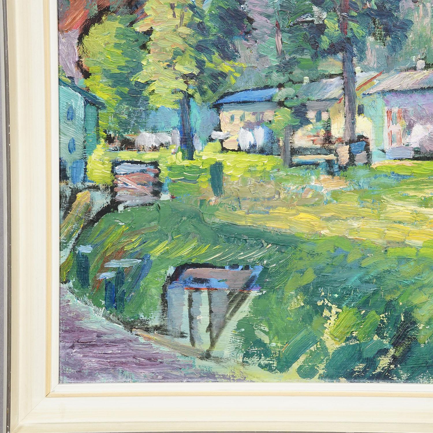 Impressionistic Painting of a Garden with Buildings in the Background Alemán en venta