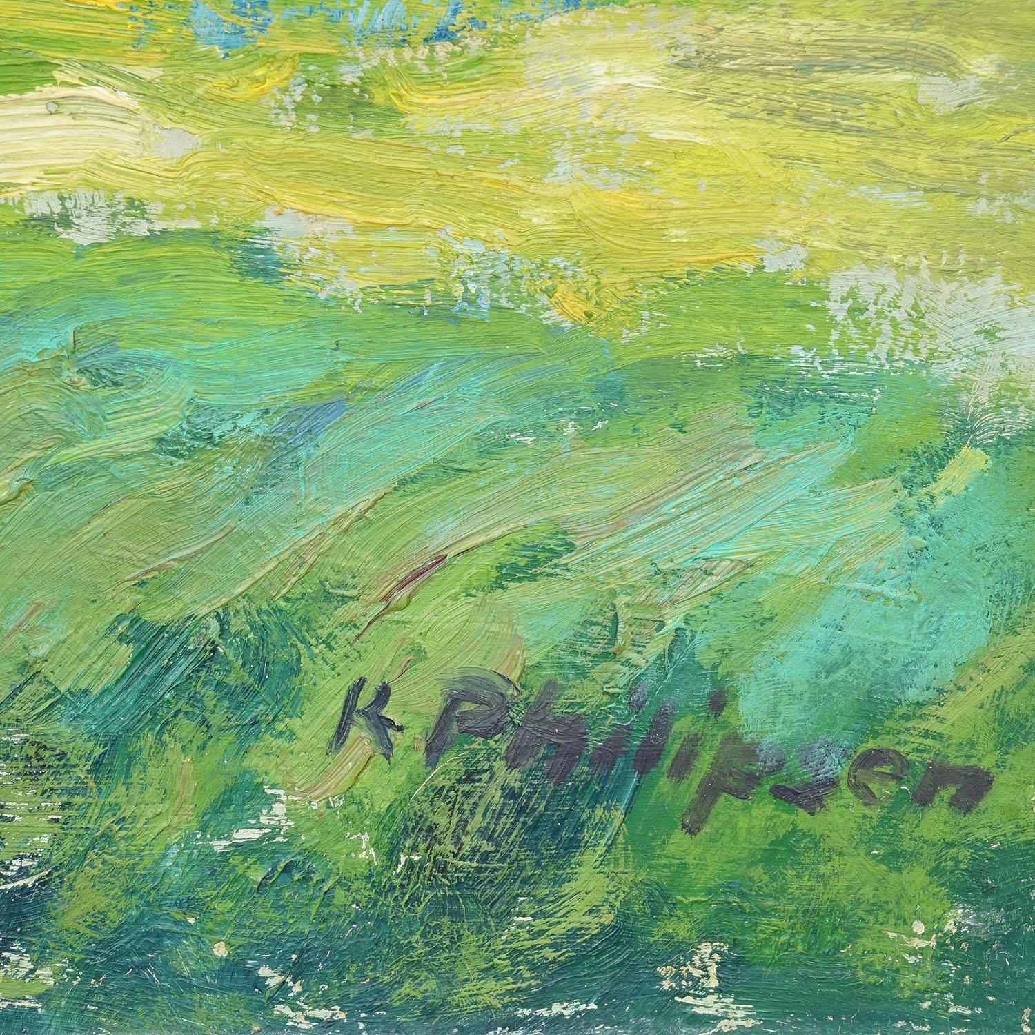 Impressionistic Painting of a Garden with Buildings in the Background en Bueno estado para la venta en Berghuelen, DE