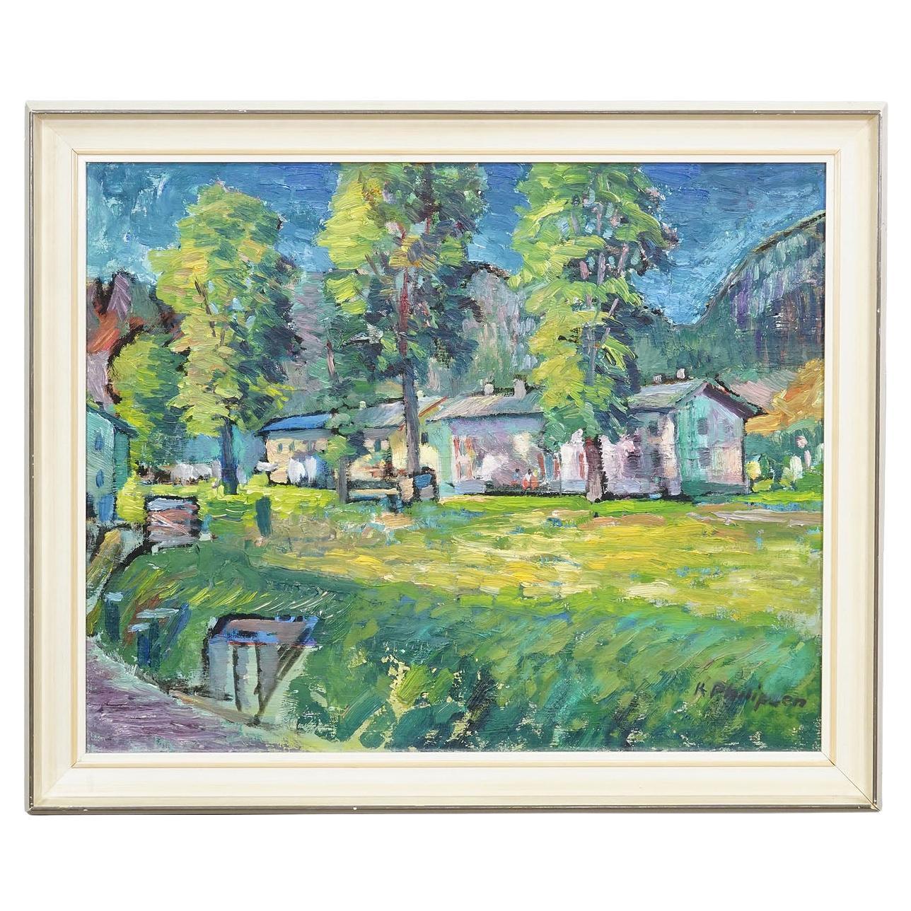 Impressionistic Painting of a Garden with Buildings in the Background en venta