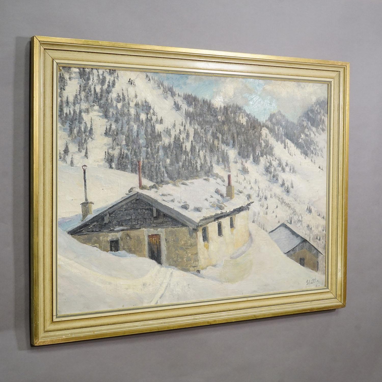 Impressionistic Painting of an Alpine Mountain Hut in the Winter

A large impressionist oil painting of a mountain hut nestled in the snowy Alps, rendered in soft pastel hues on canvas and beautifully encased in a handcrafted wooden frame. Painted