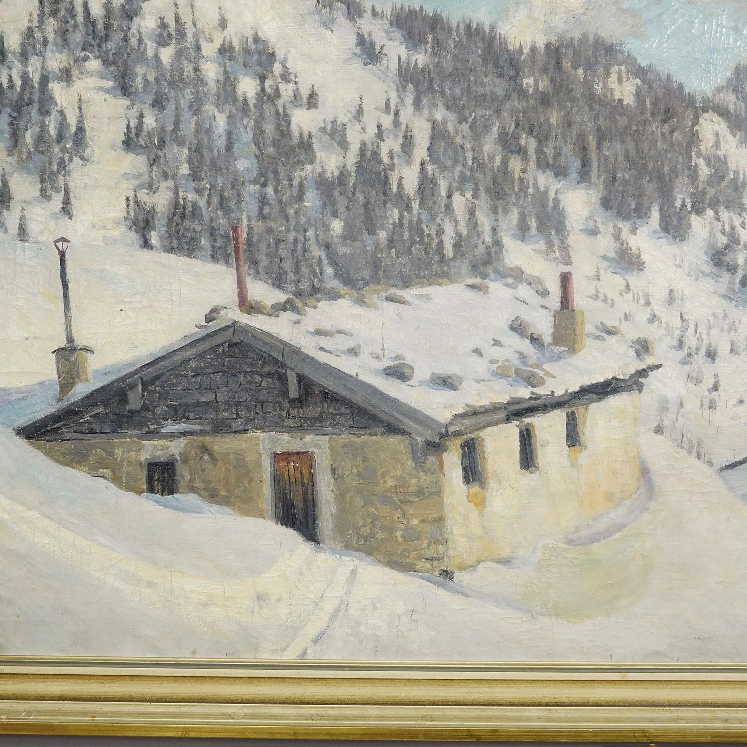 Other Impressionistic Painting of an Alpine Mountain Hut in the Winter For Sale