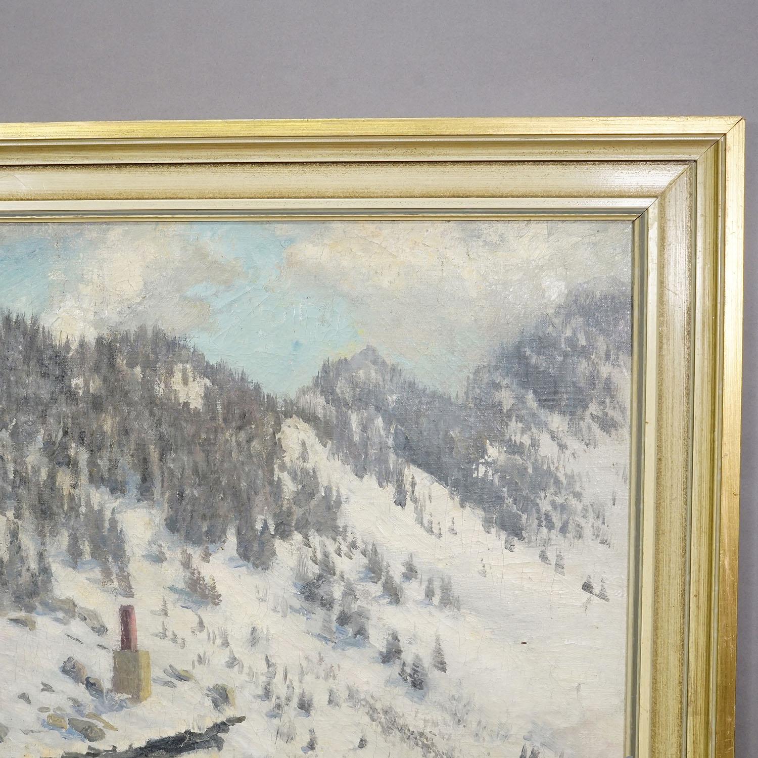 German Impressionistic Painting of an Alpine Mountain Hut in the Winter For Sale