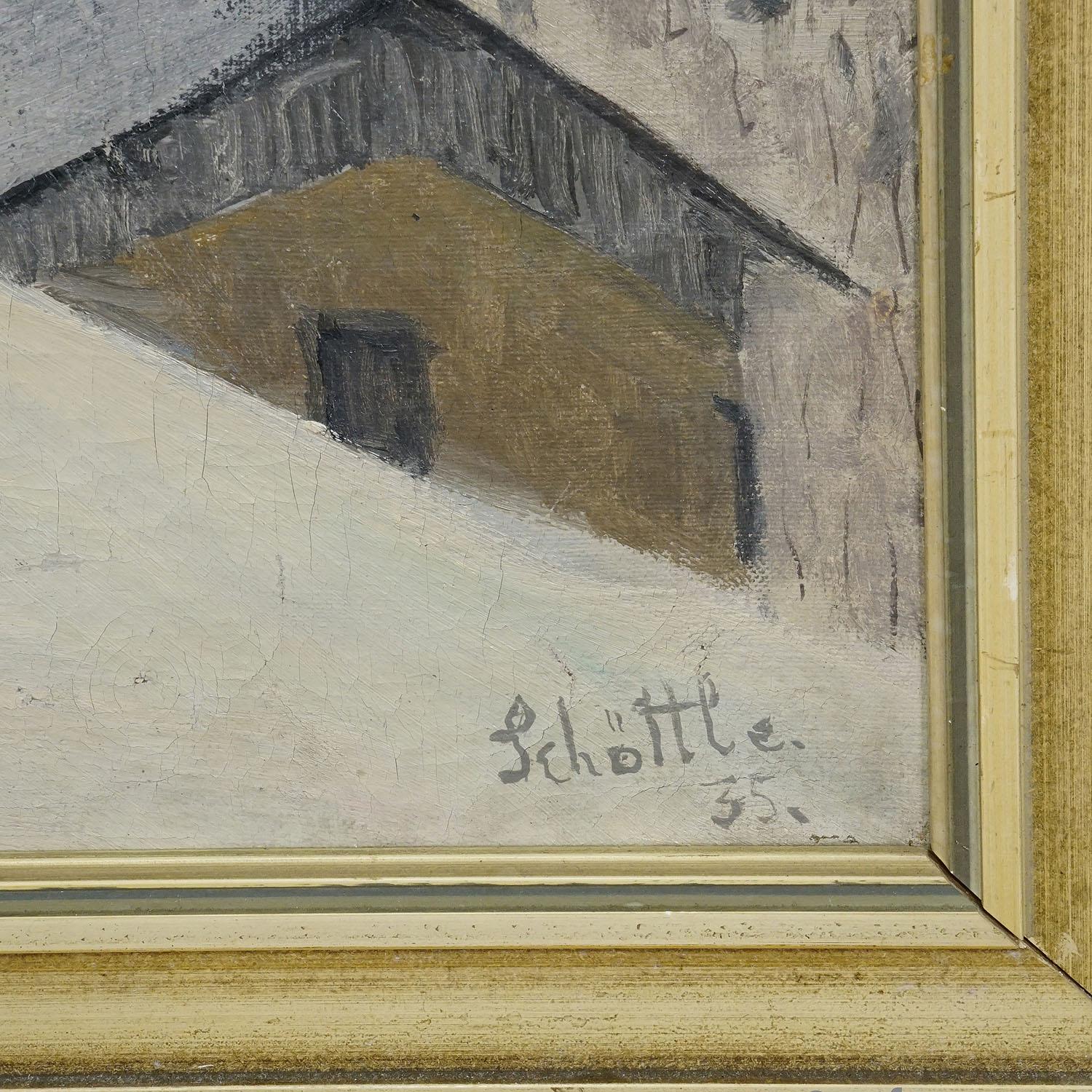Mid-20th Century Impressionistic Painting of an Alpine Mountain Hut in the Winter For Sale