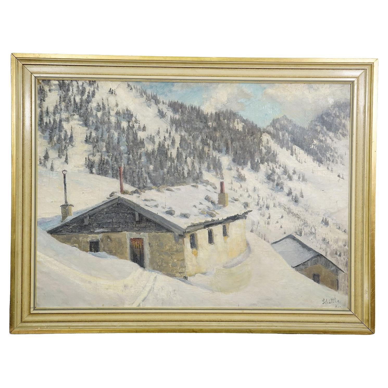 Impressionistic Painting of an Alpine Mountain Hut in the Winter