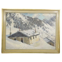 Impressionistic Painting of an Alpine Mountain Hut in the Winter