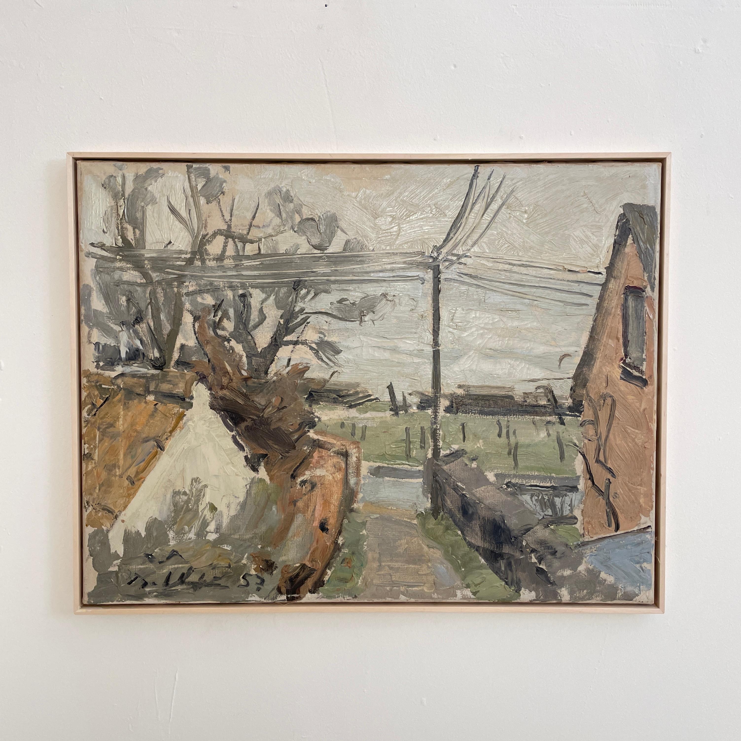 Fantástico óleo escandinavo impresionista de mediados de siglo sobre un paisaje, alrededor de 1950. 
Pintado con pinceladas gruesas.
Una pieza única que llama la atención en tu interior antiguo, moderno, de la era espacial o de mediados de