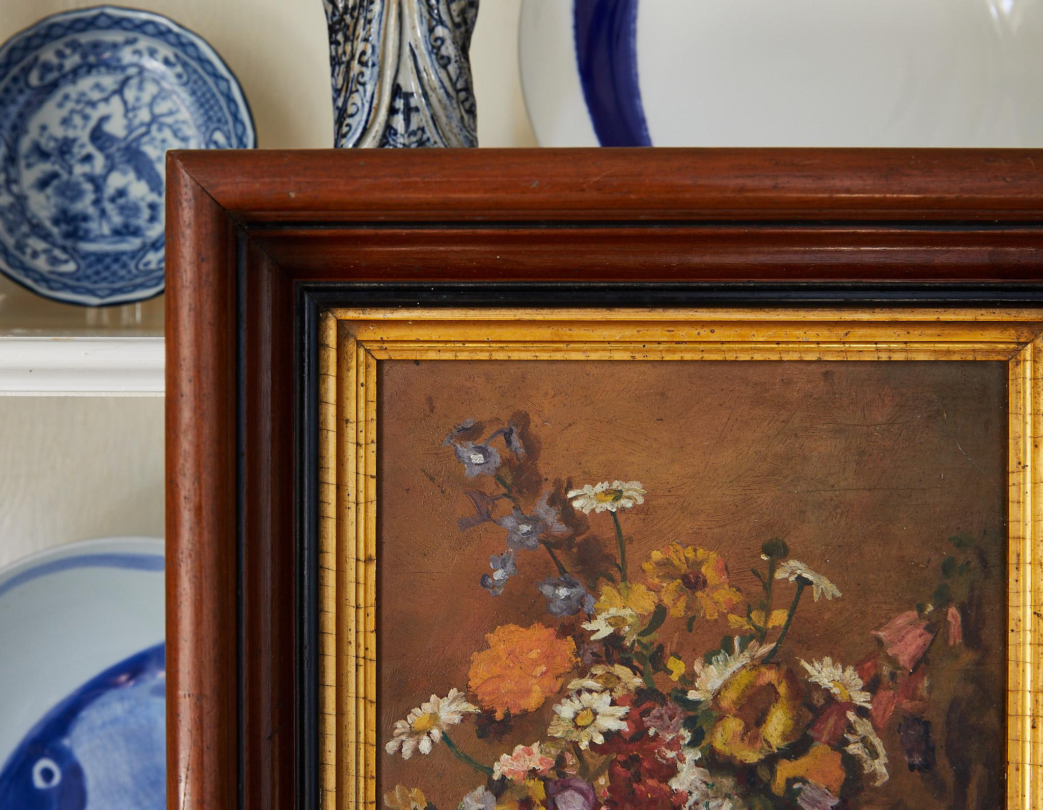 Art Deco Impressionistic Still Life of Wildflowers and Duck Figurine
