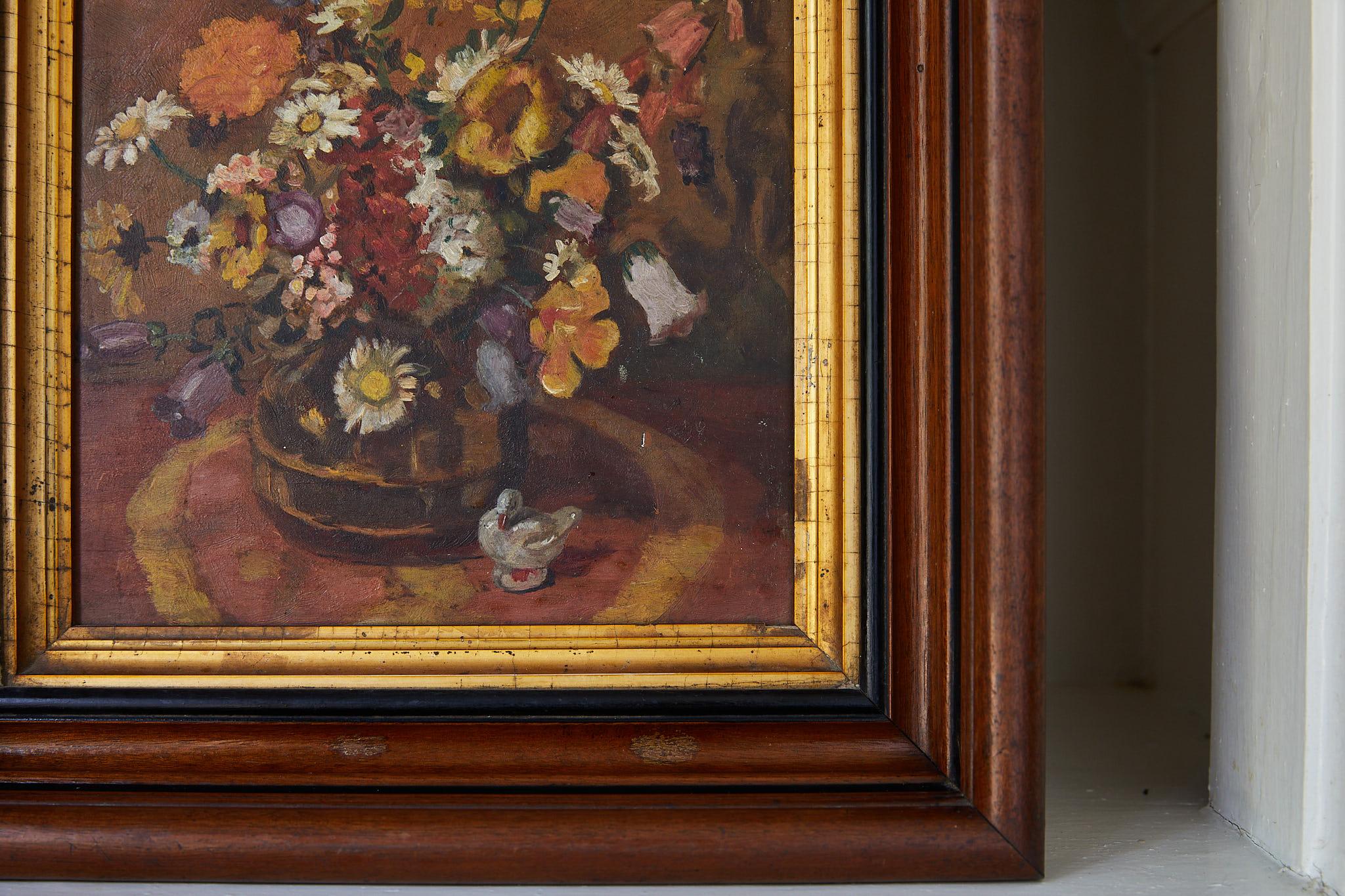 Impressionistic Still Life of Wildflowers and Duck Figurine In Good Condition In Atlanta, GA