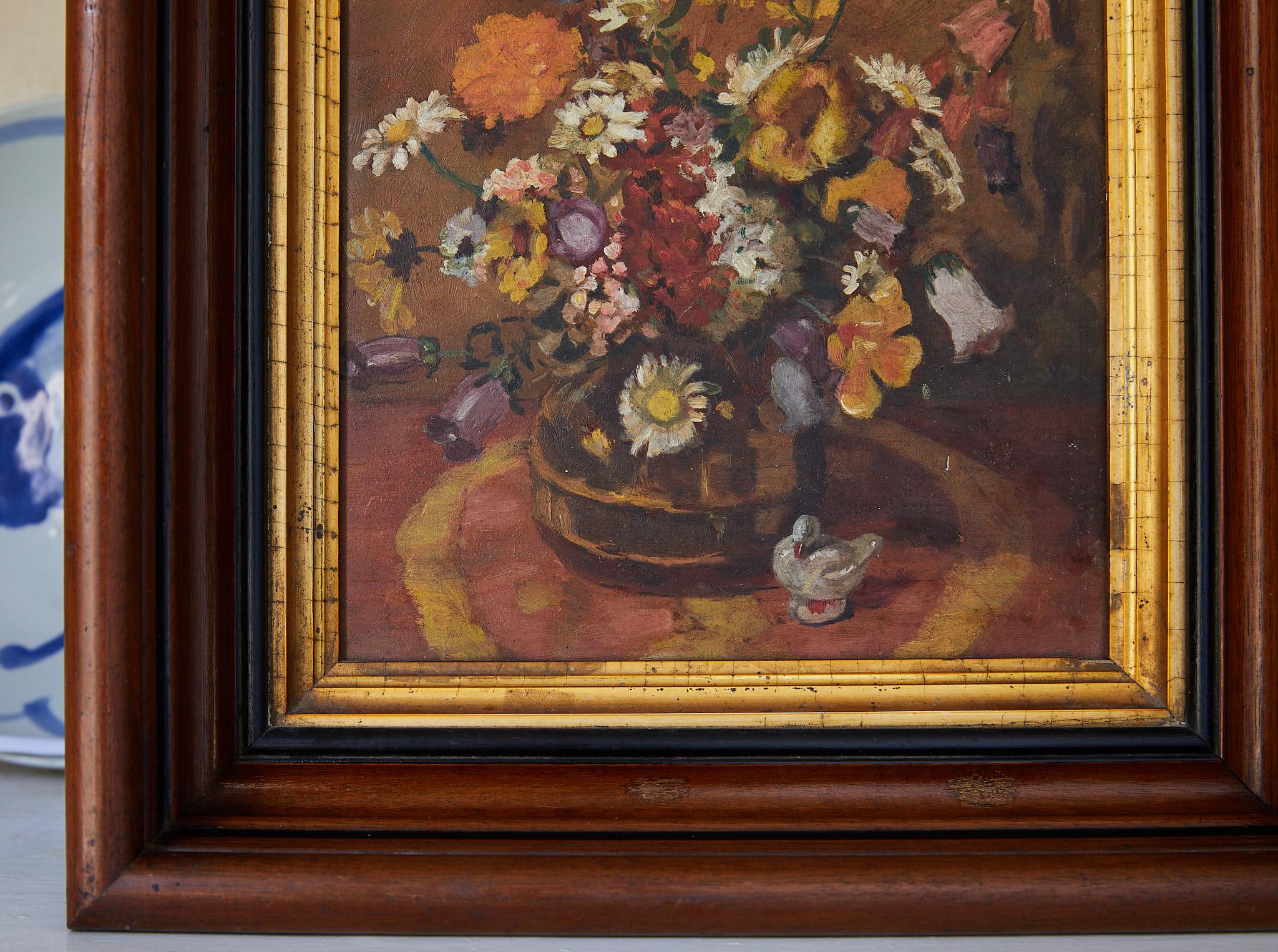 20th Century Impressionistic Still Life of Wildflowers and Duck Figurine