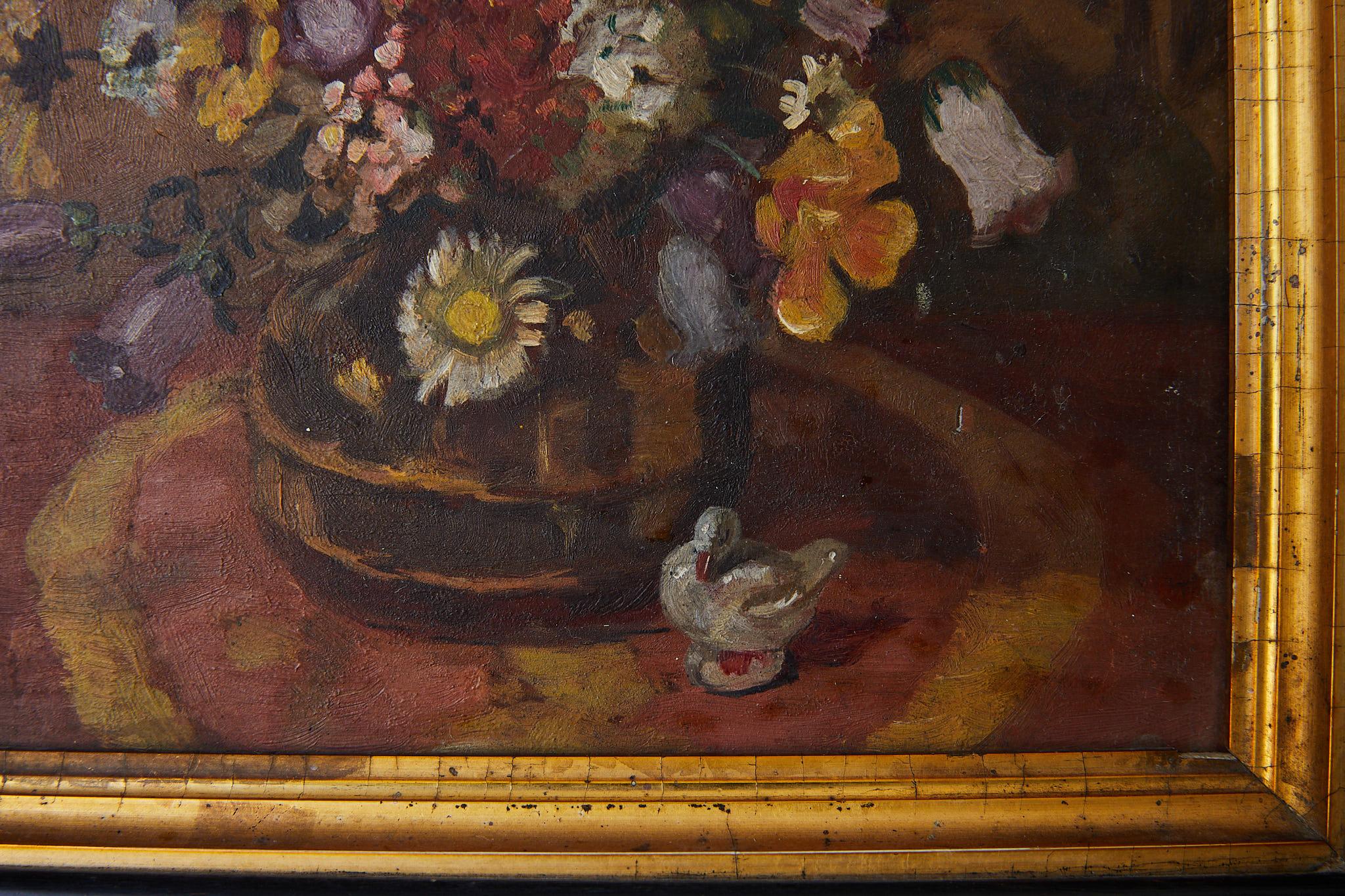 Wood Impressionistic Still Life of Wildflowers and Duck Figurine