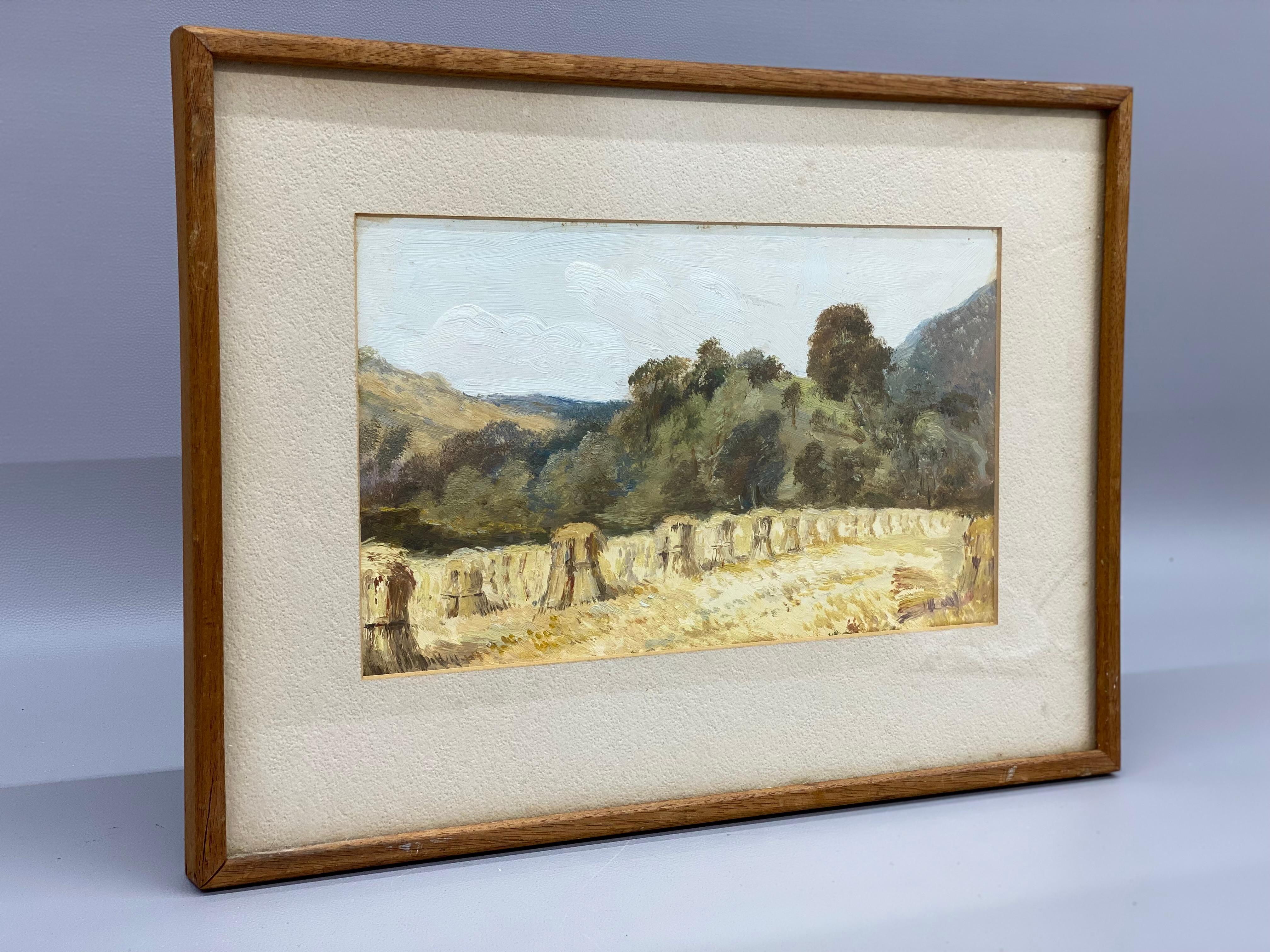 Country Peinture impressionniste d'un paysage espagnol baigné de soleil avec des gerbes de foin en vente