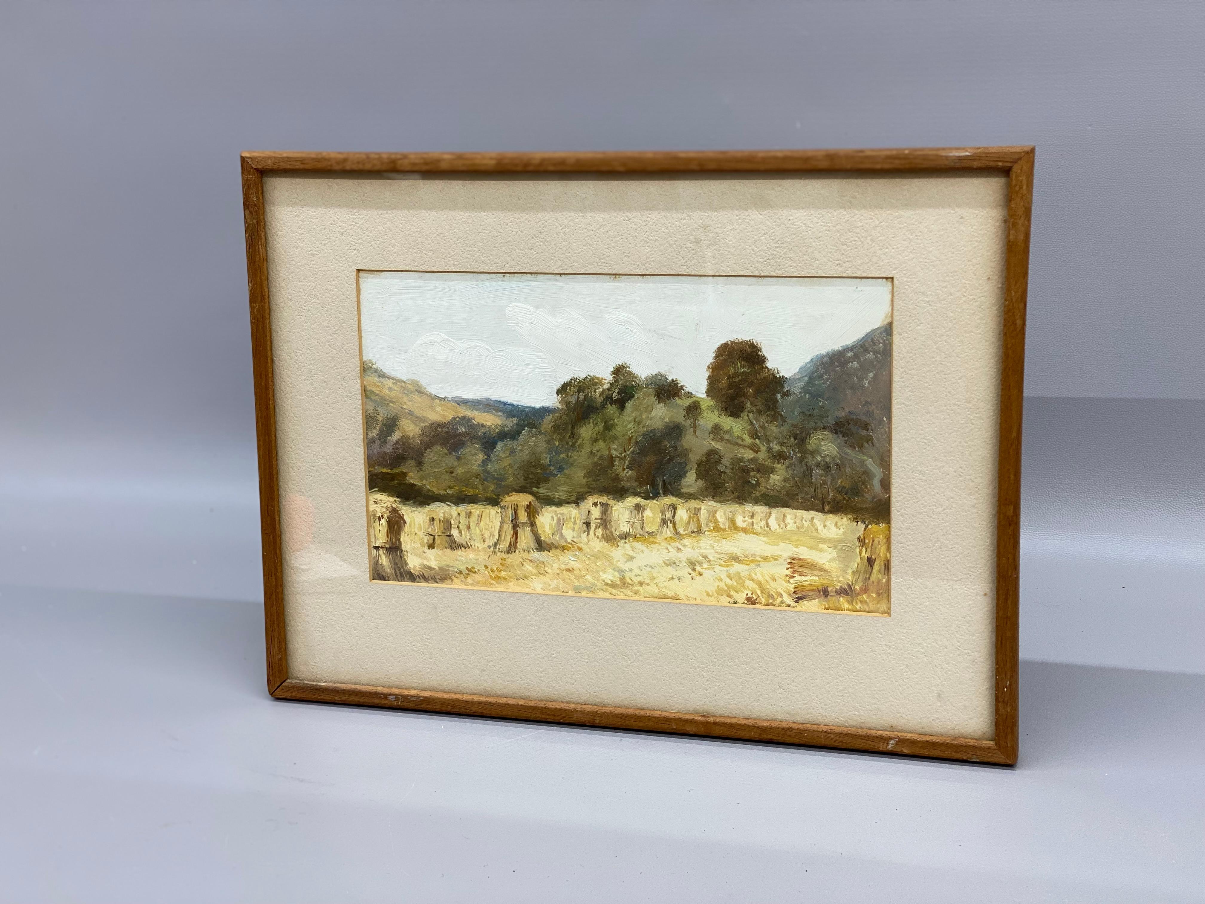 Espagnol Peinture impressionniste d'un paysage espagnol baigné de soleil avec des gerbes de foin en vente