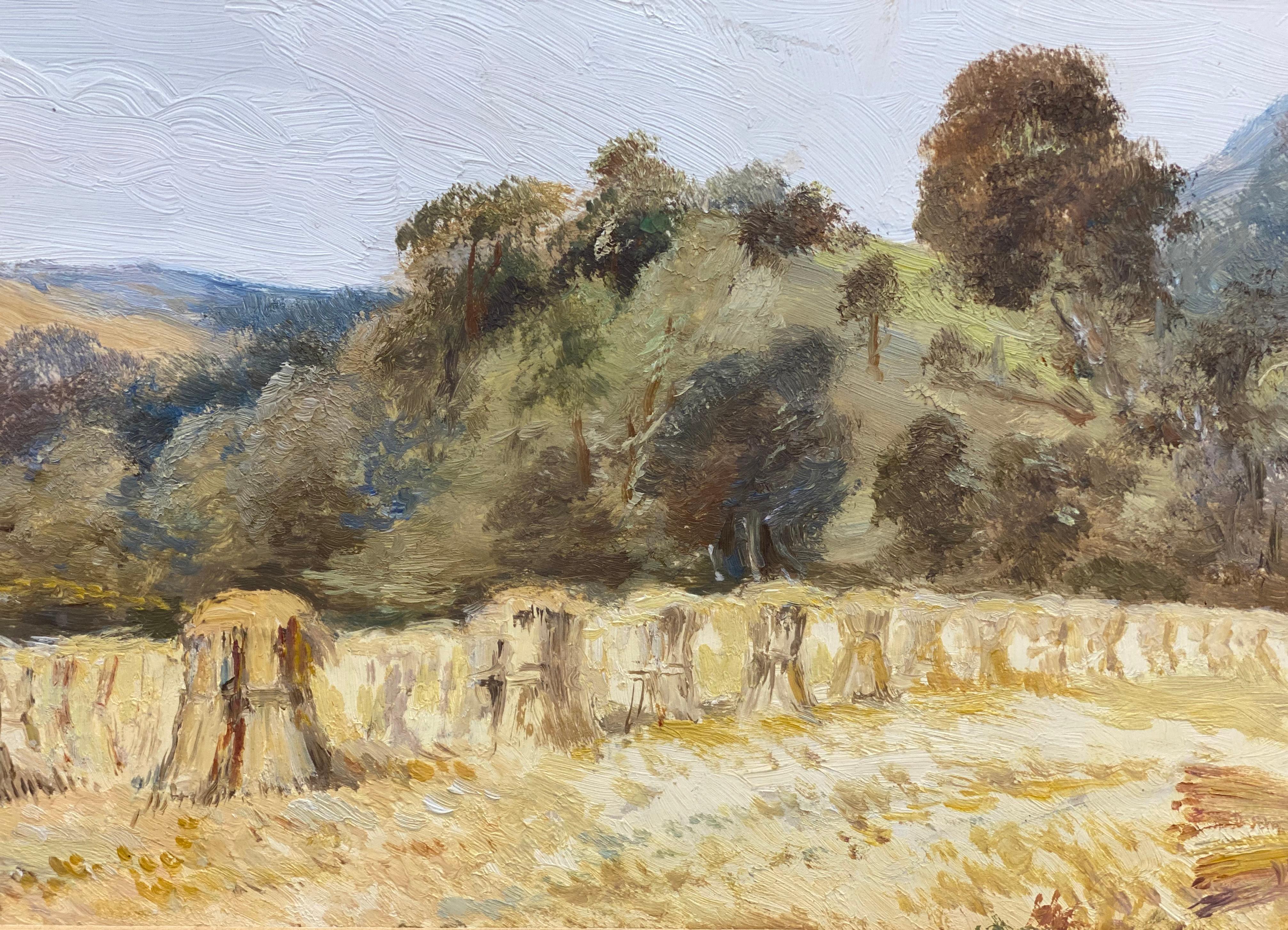 Milieu du XXe siècle Peinture impressionniste d'un paysage espagnol baigné de soleil avec des gerbes de foin en vente