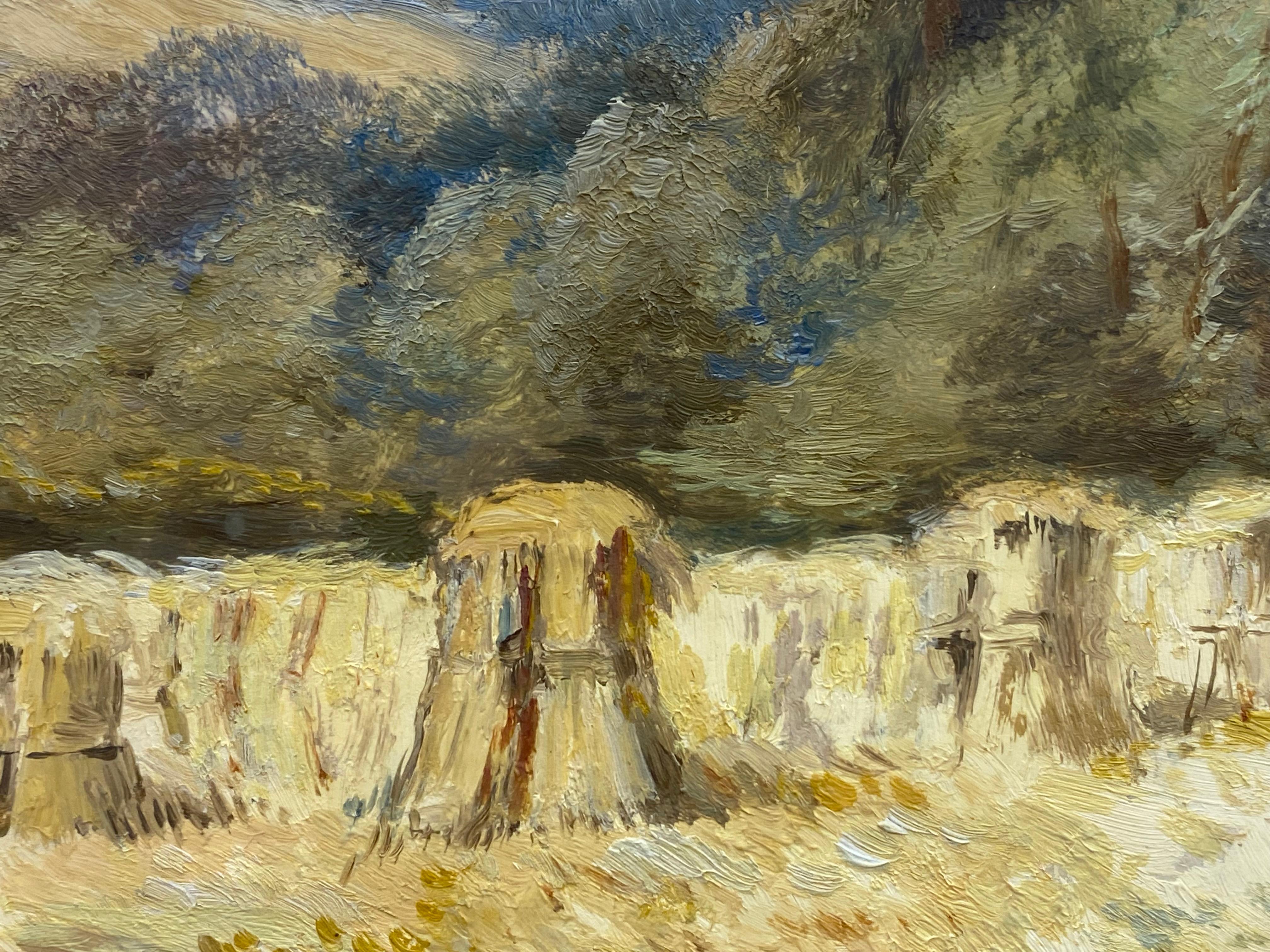 Verre cannelé Peinture impressionniste d'un paysage espagnol baigné de soleil avec des gerbes de foin en vente