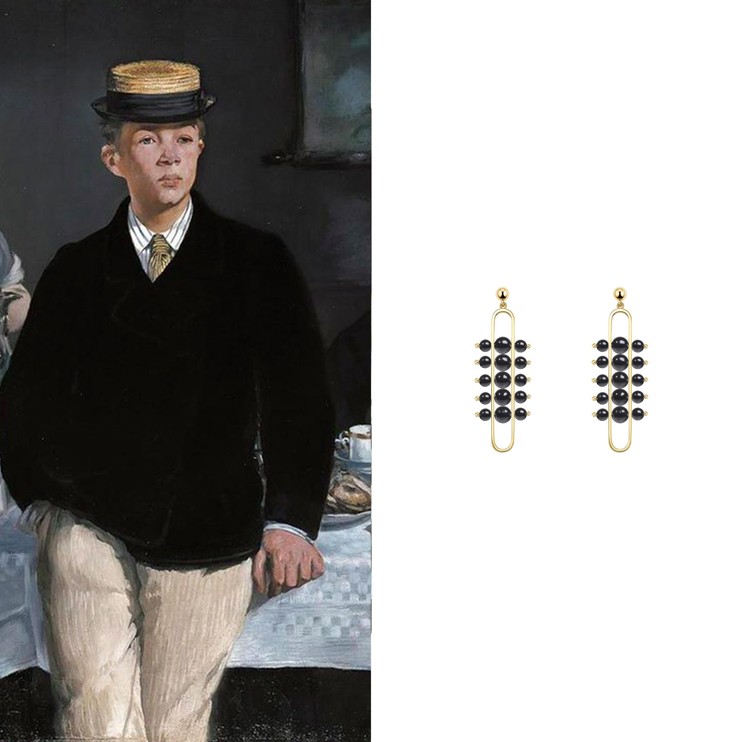 This beautifully crafted pair of earrings features hand selected Black Onyx beads set in 18k Yellow Gold. The gems are chosen for their quality and colour to best echo those hues in Édouard Manet's painting ‘Le Déjeuner dans l'atelier (Luncheon in
