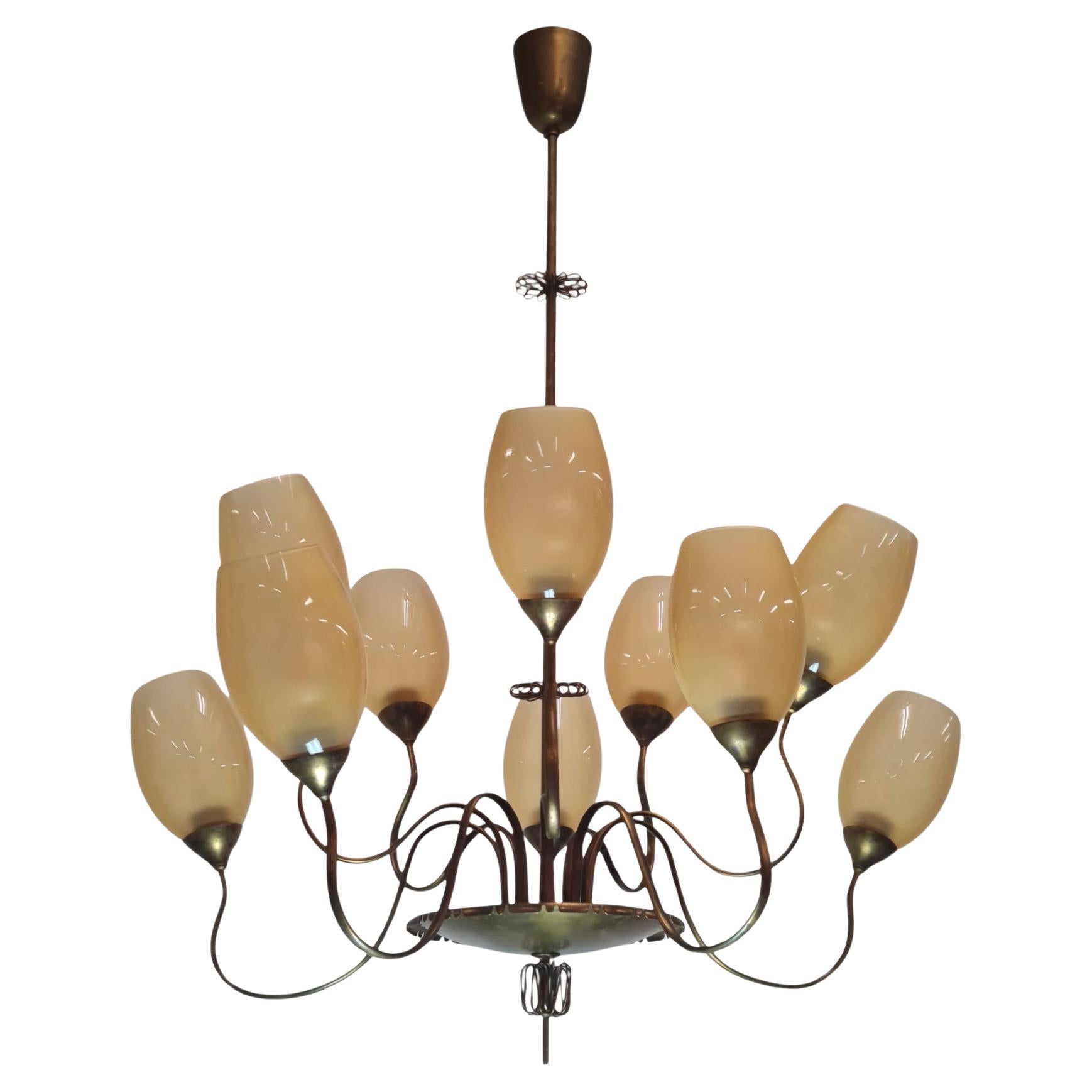 Impressive 10 Arm Paavo Tynell Brass Chandelier Model 9017, Taito 1950s