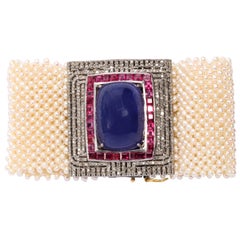 Impressive 100 Carat Tanzanite Tourmaline Diamond Pearl Cuff Bracelet