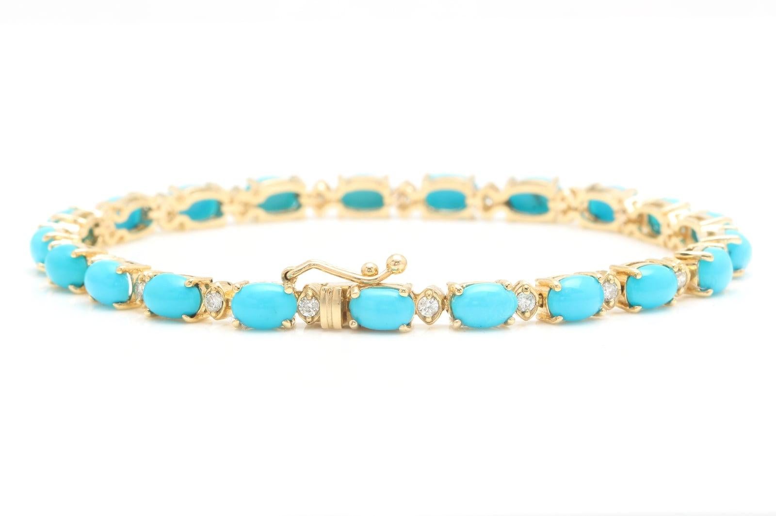 Very Impressive 11.60 Carats Natural Turquoise & Diamond 14K Solid Yellow Gold Bracelet 

Suggested Replacement Value: $6,500.00

STAMPED: 14K

Total Natural Round Diamonds Weight: Approx. 0.60 Carats (color G-H / Clarity SI1-Si2)

Total Natural