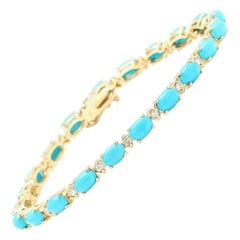 Impresionante Pulsera de Turquesa Natural y Diamantes de 11,60 qt y Oro Amarillo Macizo de 14 quilates