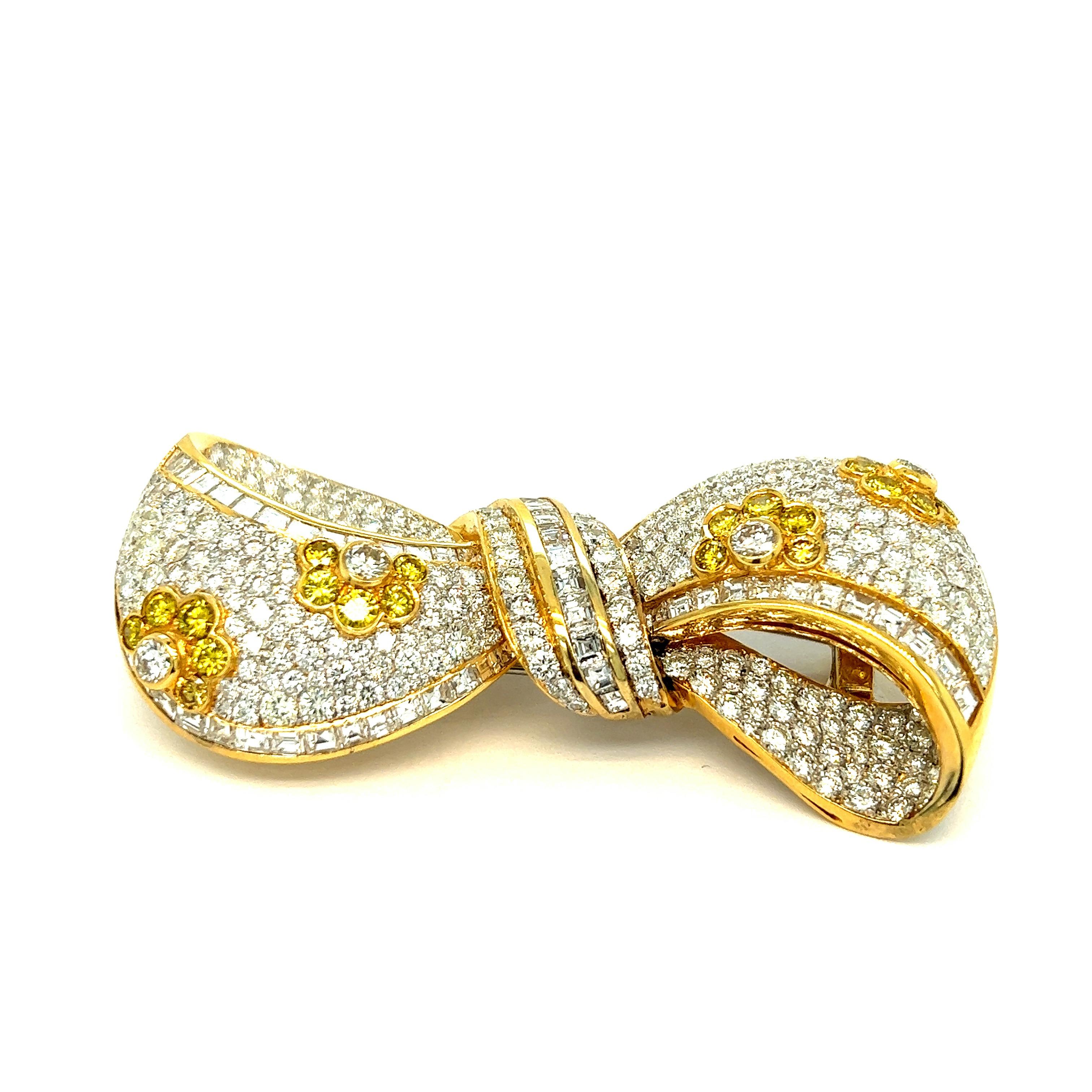 White & Fancy Color Diamonds Bow Brooch

Beautiful round- and square-cut white and fancy color diamonds of 12.74 carats set on 18 karat white and yellow gold; marked 750, 18k, D1274

Size: width 2.5 inches, length 1.13 inches
Total weight: 30.0 grams